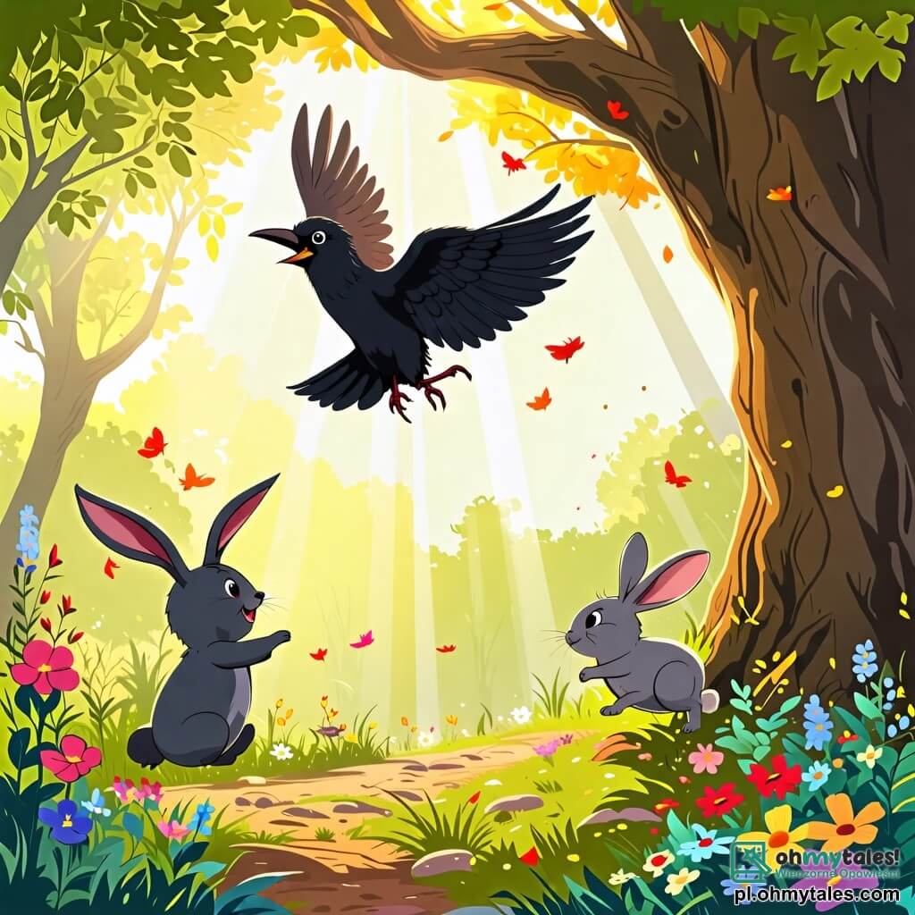 Une illustration sous forme de dessin destinée aux enfants représentant une clairière ensoleillée dans une forêt verdoyante, où un corbeau noir aux plumes luisantes et au sourire malicieux vole joyeusement au-dessus d'un petit lapin gris aux grandes oreilles qui saute avec enthousiasme vers un vieux chêne majestueux, alors qu'ils s'apprêtent à faire une course amicale, entourés de fleurs colorées et de rayons de soleil filtrant à travers les feuilles.