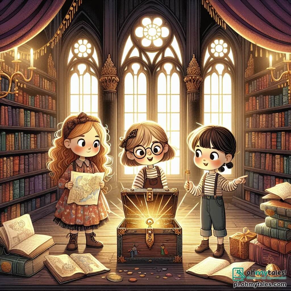 Ilustracja przedstawiająca magiczną scenę w starym bibliotece, z ciemnymi drewnianymi półkami wypełnionymi kolorowymi książkami, promieniami światła filtrującymi przez duże okna ozdobione welurowymi zasłonami. W centrum trzech młodych detektywów: dziewczynka w wieku 10 lat z długimi kręconymi włosami, ubrana w kwiecistą sukienkę i okrągłe okulary, trzymająca w rękach starą mapę; inna dziewczynka w wieku 9 lat z krótkimi prostymi włosami, ubrana w koszulkę w paski i dżinsy, wskazująca palcem na tajemniczą drewnianą skrzynkę; oraz dziewczynka w wieku 10 lat z ładnymi warkoczami, ubrana w koszulę w kratę i spódnicę, która z zachwytem patrzy na mały złoty klucz, który właśnie znalazła. W tle otwarte książki i stare przedmioty dodają atmosfery przygody, podczas gdy delikatny złoty blask emanuje z pudełka, sugerując sekret do odkrycia.