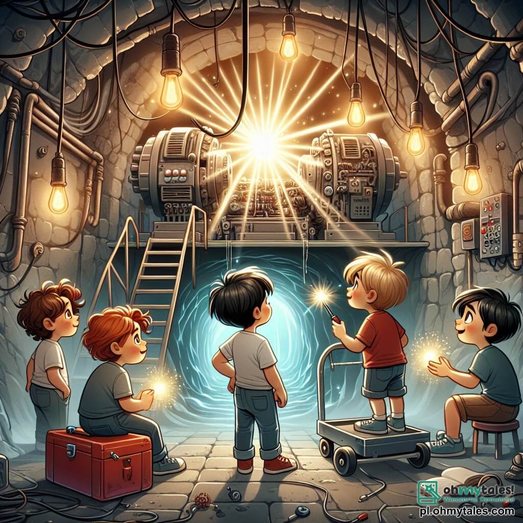 Ilustracja przedstawiająca tajemniczy i ciemny tunel, z chropowatymi kamiennymi ścianami i zwisającymi z sufitu kablami elektrycznymi. Na końcu, jasne światło wydobywa się z dużego generatora, oświetlając przestrzeń złotą poświatą. Czterech chłopców w wieku około 10 lat stoi w centrum sceny. Pierwszy chłopiec, z brązowymi, kręconymi włosami, ma na sobie czerwoną koszulkę i niebieskie szorty. Z ekscytacją patrzy na generator. Drugi, w okularach i z blond włosami, odkręca panel za pomocą śrubokręta, mając skoncentrowany wyraz twarzy. Trzeci chłopiec, z czarnymi, gładkimi włosami, jest wyższy i wydaje się zachęcać swoich przyjaciół uśmiechem pełnym determinacji. Wreszcie, czwarty chłopiec, siedzący na wózku, ma kasztanowe włosy i inteligentny wzrok, trzymając w rękach mapę obwodów. Scena uchwyca moment, w którym chłopcy współpracują, aby naprawić generator, zdeterminowani, by uratować przyszły świat, w którym się znajdują. Iskrzenie energii wydobywa się z generatora, dodając ilustracji odrobinę magii, podczas gdy cienie tańczą na ścianach, tworząc atmosferę przygody i tajemnicy.