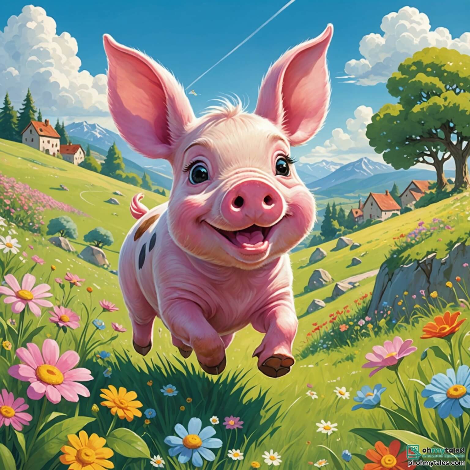 Une illustration destinée aux enfants représentant un petit cochon rose, aux yeux pétillants de malice, courant joyeusement à travers une vaste prairie verdoyante parsemée de fleurs colorées, où un joyeux lapin aux grandes oreilles, son ami fidèle, l'encourage à participer à une course palpitante vers un grand rocher scintillant au soleil, tout en jouant sous un ciel bleu parsemé de nuages cotonneux.