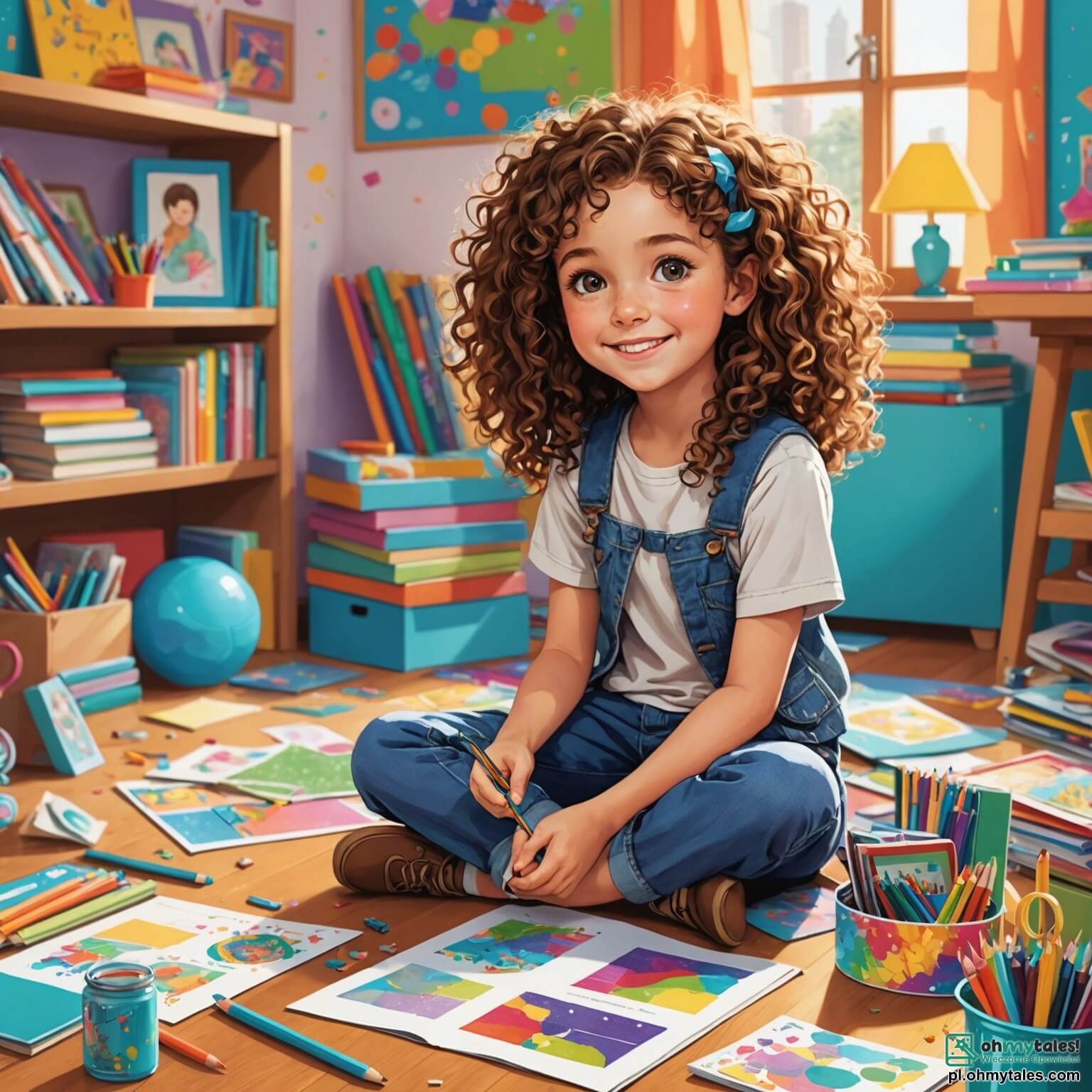Une illustration destinée aux enfants représentant une jeune fille aux cheveux bouclés et aux yeux pétillants de créativité, assise par terre dans sa chambre colorée, entourée de papiers colorés, de crayons et de souvenirs photographiques, s'affairant avec enthousiasme à préparer un album rempli de dessins et de photos pour célébrer la fête des pères, tandis que sa maman, une femme souriante aux cheveux châtains, l'encourage avec tendresse, le tout dans une pièce baignée de lumière douce, ornée de posters colorés et de jouets éparpillés, où l'air est rempli de rires et d'amour.