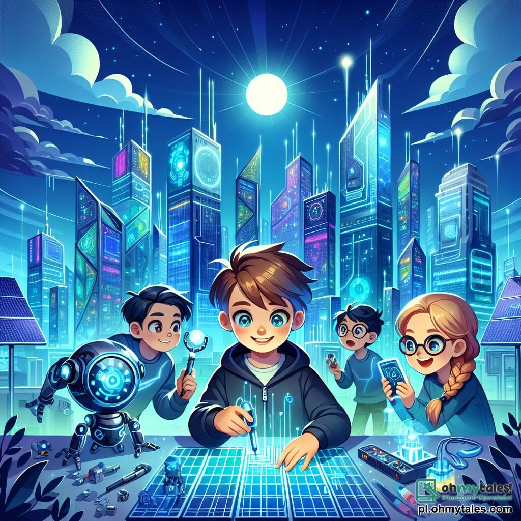 Ilustracja przedstawiająca dynamiczną scenę w futurystycznym mieście Neonopolis, gdzie szklane drapacze chmur błyszczą pod jasnoniebieskim niebem, a na dachach znajdują się świecące panele słoneczne. Na pierwszym planie dziewięcioletni chłopiec z brązowymi włosami i błyszczącymi od ciekawości oczami trzyma małe urządzenie pomiarowe, skupiony na swoim zadaniu. Obok niego dziewczynka w wieku 9 lat z blond warkoczami i entuzjastycznym uśmiechem obserwuje dane na ekranie holograficznym. Inny chłopiec z czarnymi włosami i okularami krząta się wokół błyszczącego robota o okrągłym kształcie i migających światłach, skanując panele słoneczne. Główna sytuacja pokazuje grupę dzieci pracujących razem nad naprawą elektrozaworu, z futurystycznymi narzędziami rozsypanymi wokół nich, podczas gdy lekki wiatr unosi liście technologicznych drzew. W tle ciemne chmury oddalają się, ustępując miejsca promiennemu słońcu, symbolizującemu nadzieję i sukces ich misji.