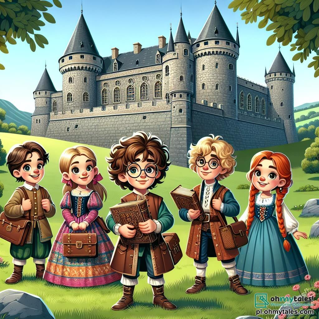 Une illustration sous forme de dessin destinée aux enfants représentant un grand château médiéval aux murs de pierre grise, entouré de verdure, avec une fillette de 11 ans aux cheveux bruns et bouclés, portant une robe colorée, tenant une ancienne livre en cuir, entourée de trois amis : un garçon aux cheveux blonds et aux lunettes, un garçon aux cheveux châtains avec un sourire malicieux, et une fille aux cheveux roux et aux tresses, tous émerveillés par la magie du voyage dans le temps qu'ils viennent de vivre, alors qu'ils se tiennent sur une pelouse verdoyante, prêts à explorer les mystères du château.