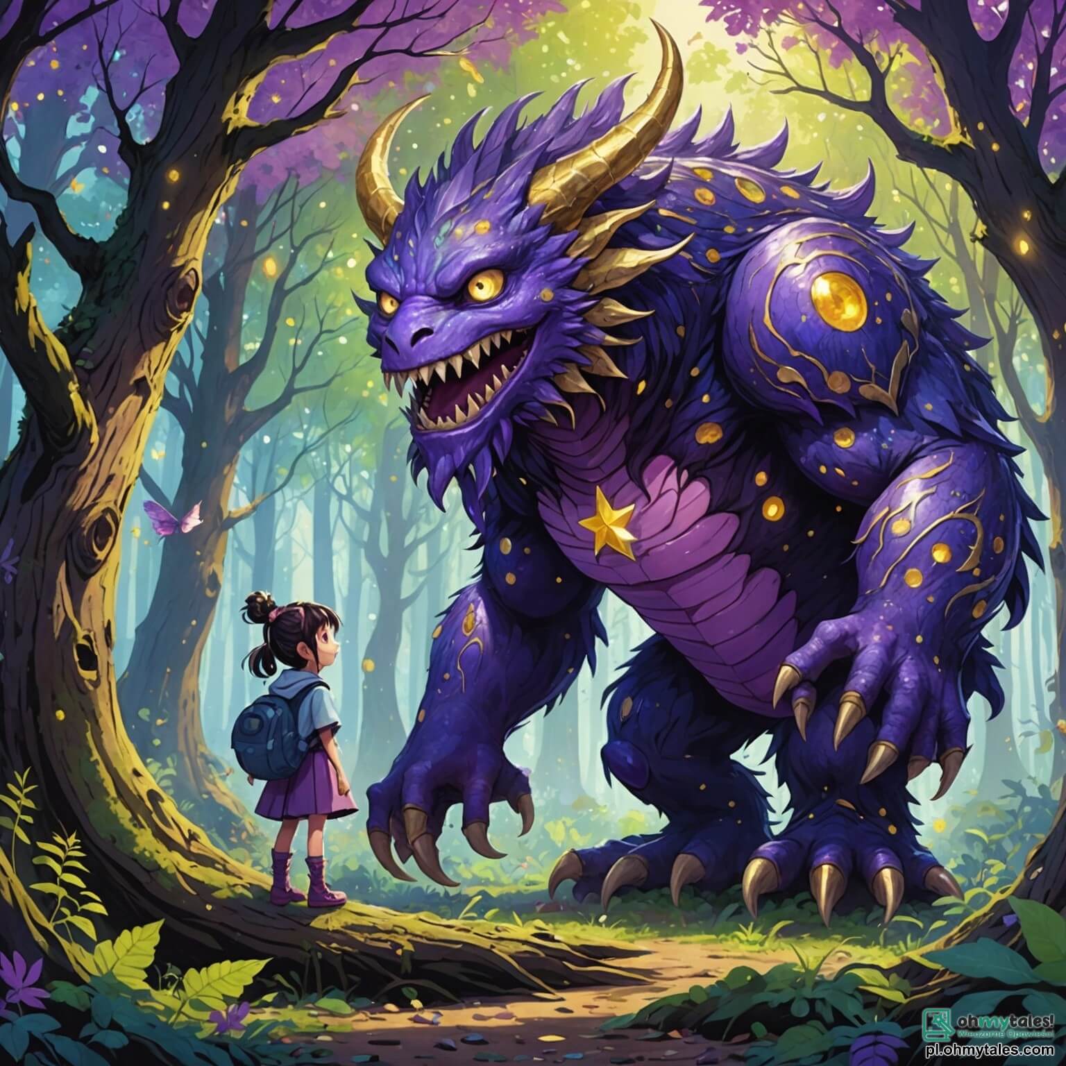Une illustration destinée aux enfants représentant un grand monstre aux yeux scintillants comme des étoiles, avec une peau mauve parsemée de taches dorées, se tenant au bord d'une forêt enchantée pleine d'arbres aux troncs torsadés et aux feuilles aux mille couleurs, cherchant désespérément un ami, tandis qu'une petite créature volante, une fille aux plumes irisées et au sourire éclatant, l'observe de loin avec curiosité.
