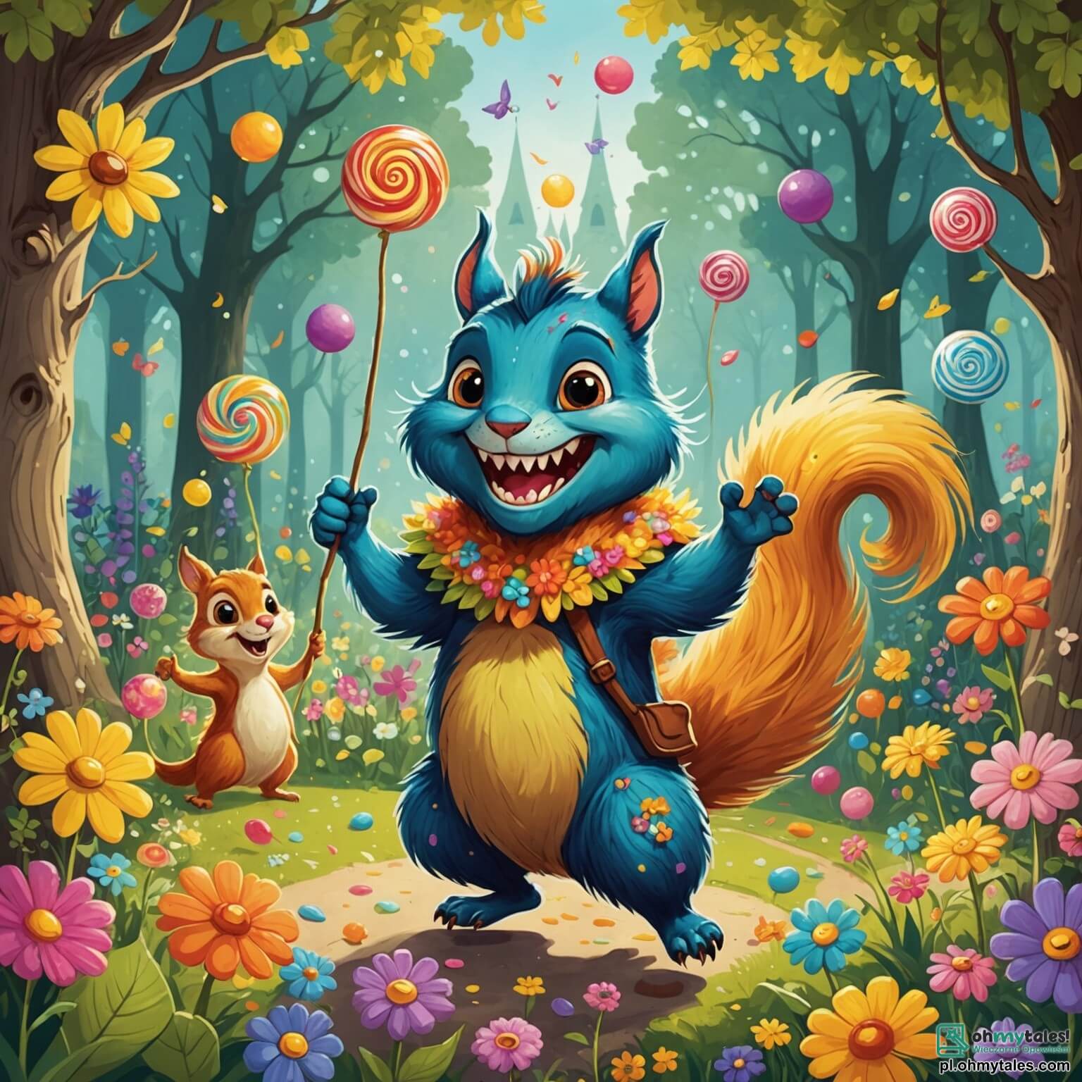 Une illustration destinée aux enfants représentant un petit monstre aux yeux pétillants et aux dents en forme de bonbons, qui se retrouve dans un jardin enchanté rempli de fleurs multicolores dansant au rythme du vent, aux côtés d'une joyeuse wiewiórka au pelage doré, alors qu'ils préparent une grande fête pour redonner le sourire aux fleurs tristes.