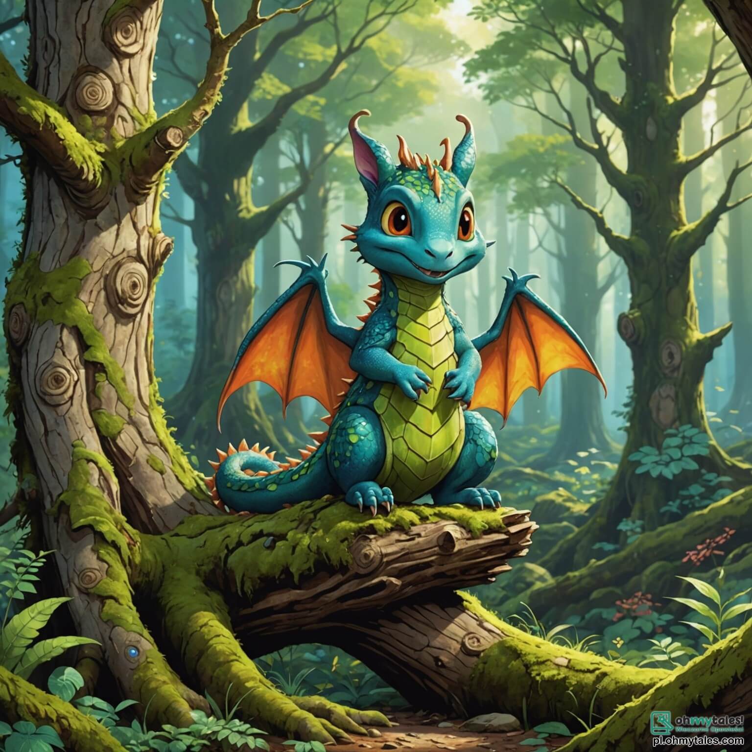 Une illustration destinée aux enfants représentant un dragon aux écailles scintillantes de toutes les couleurs, avec des yeux pétillants de malice et un sourire espiègle, se trouve au cœur d'une forêt enchantée où les arbres aux troncs torsadés, couverts de mousse éclatante, se dressent comme des géants bienveillants, tandis qu'un petit écureuil aux grandes oreilles, personnage secondaire curieux et vif, l'observe avec fascination alors qu'il s'apprête à organiser une fête surprise pour ses amis.