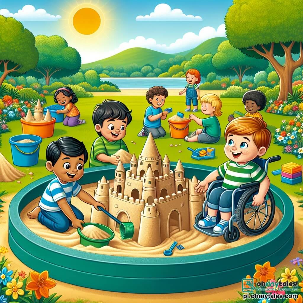Ilustracja przedstawiająca słoneczny park, wypełniony bujną zielenią i kolorowymi kwiatami. W centrum znajduje się duża piaskownica, w której stoi imponujący zamek z piasku, otoczony śmiechem dzieci. Chłopiec w wieku pięciu lat, z brązowymi włosami i okularami, siedzi na niebieskim wózku inwalidzkim, radośnie uśmiechając się, gdy pomaga w budowie zamku. Obok niego stoi pięcioletni chłopiec z blond włosami i jasnymi oczami, w zielonej koszuli w paski, który zbiera piasek rękami. Inny pięcioletni chłopiec, z czarnymi włosami i ciemną skórą, stoi i wlewa piasek do wiaderka, z wielkim uśmiechem na twarzy. Wszystkie dzieci są skupione i szczęśliwe, pokazując ducha przyjaźni i tolerancji. W tle majestatyczne drzewa i jasnoniebieskie niebo dodają radosnej atmosfery. Kolorowe zabawki, takie jak wiaderka i łopatki, są porozrzucane wokół piaskownicy, symbolizując dzielenie się i współpracę.