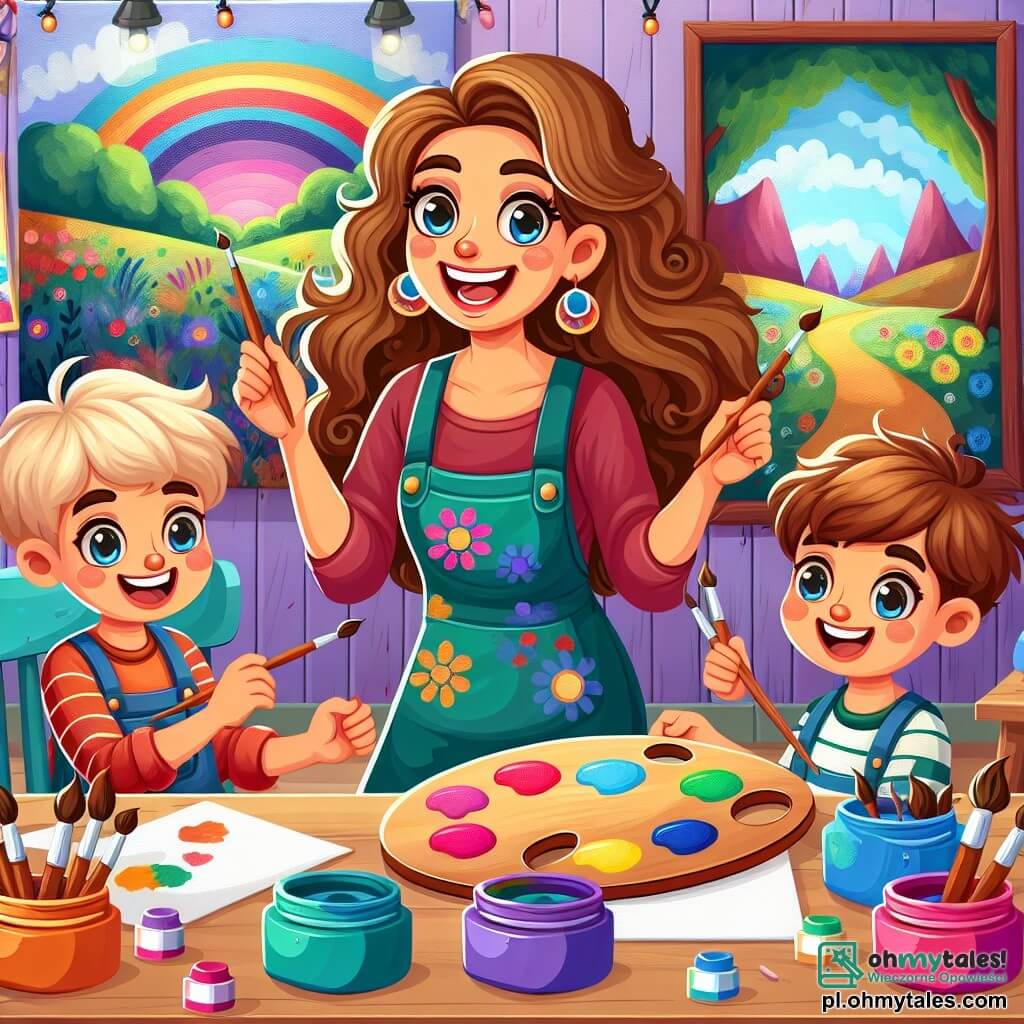 Une illustration sous forme de dessin destinée aux enfants représentant une charmante atelier d'artiste coloré, avec des murs ornés de tableaux vibrants, où une femme aux longs cheveux bouclés et au sourire chaleureux, vêtue d'un tablier taché de peinture, montre avec enthousiasme à deux garçons aux yeux brillants et aux vêtements décontractés comment mélanger des couleurs sur une palette, alors qu'ils s'apprêtent à créer un tableau représentant une aventure dans la forêt, entourés de pots de peinture éclatants et de pinceaux éparpillés sur une table en bois.