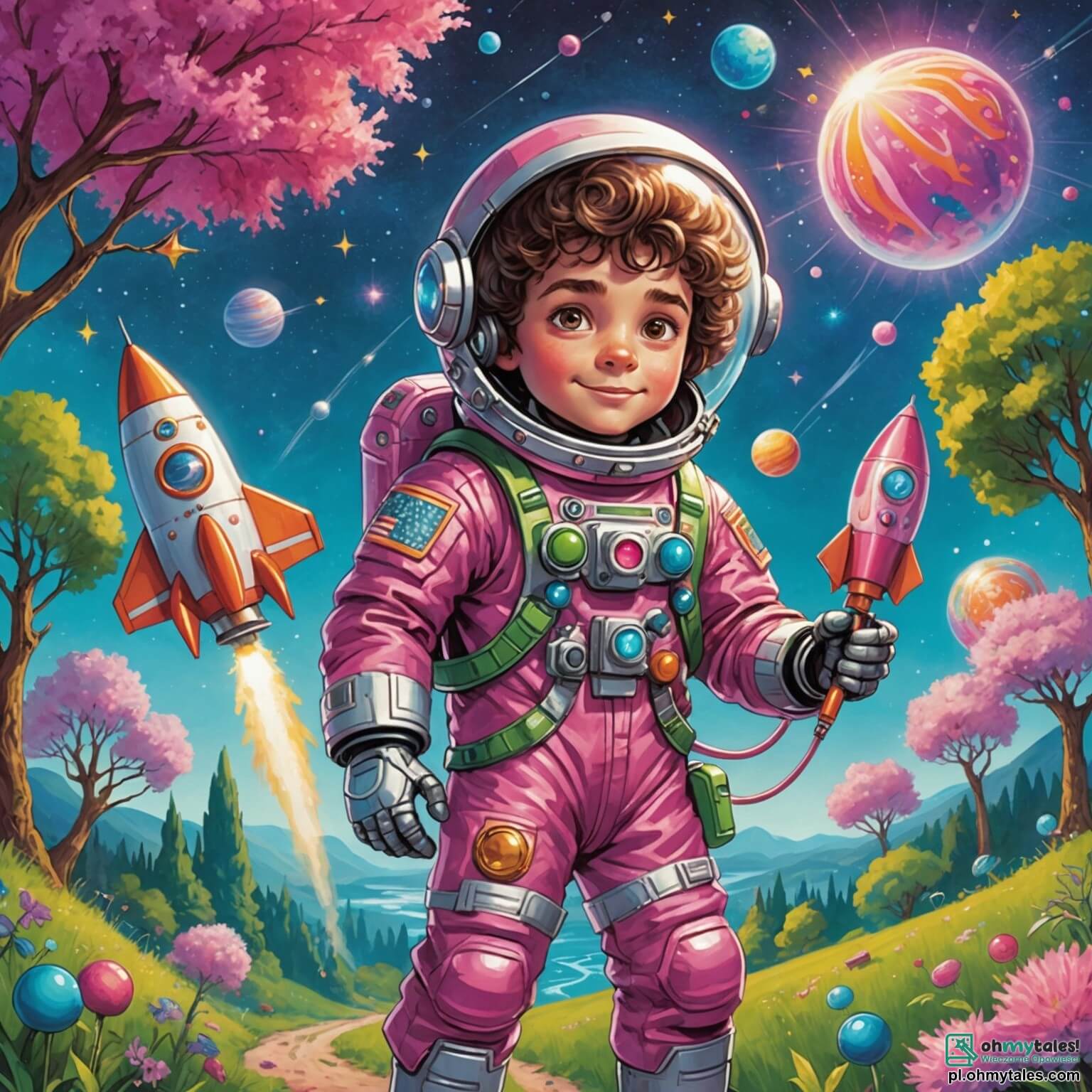 Une illustration destinée aux enfants représentant un jeune homme aux yeux pétillants et à la chevelure ébouriffée, vêtu d'une combinaison spatiale colorée, se tenant aux commandes d'une rakete en forme de bonbon, tandis qu'il s'apprête à explorer une planète magique aux arbres roses scintillants et aux rivières de lumière, accompagné d'un petit être vert aux yeux brillants, qui l'encourage dans sa quête pour sauver la magie de ce monde enchanteur.