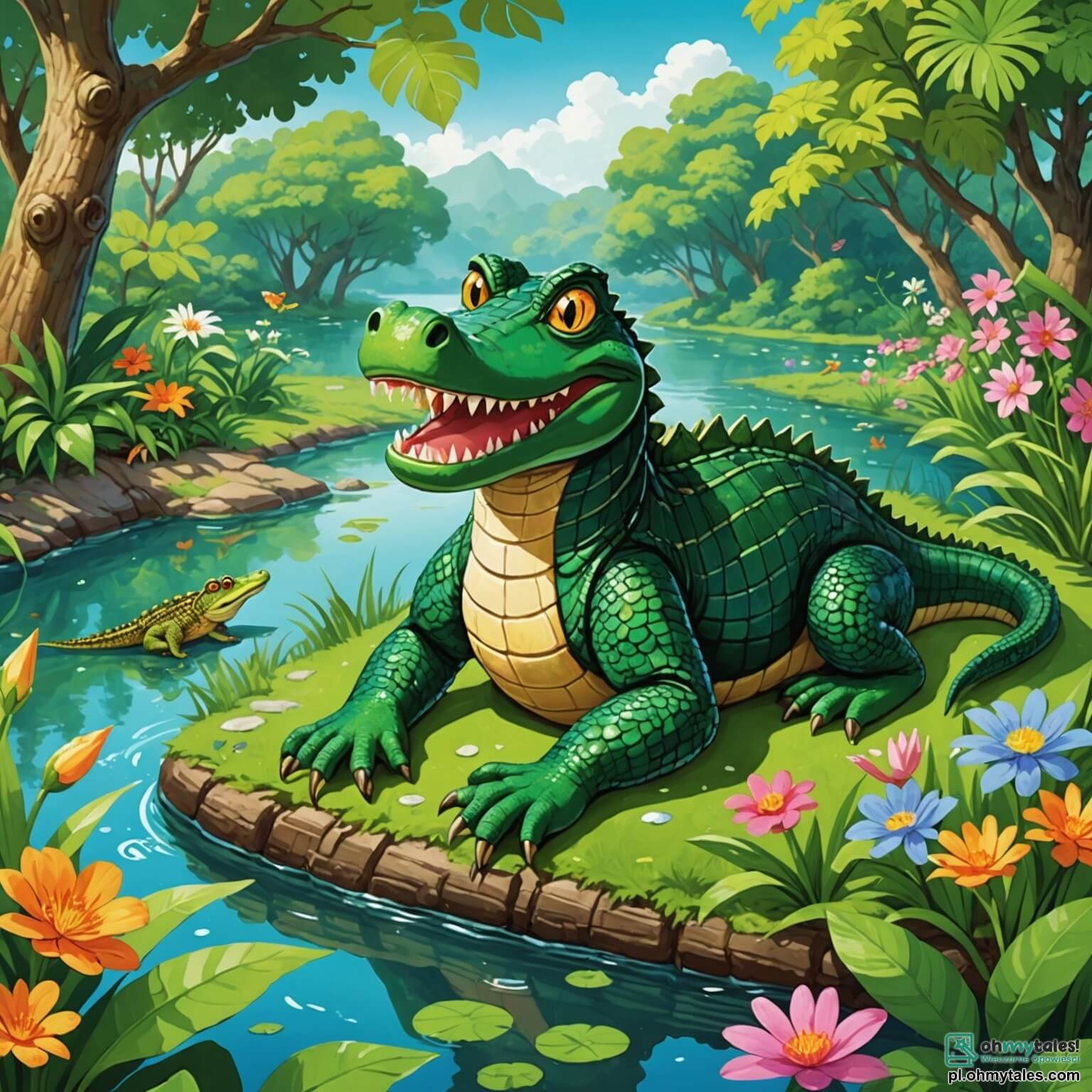 Une illustration destinée aux enfants représentant un crocodile aux écailles vert émeraude, aux yeux pétillants de curiosité, allongé sur la berge d'une rivière scintillante, bordée de fleurs colorées et de feuillages luxuriants, rêvant d'aventures au-delà de la jungle, tandis qu'à ses côtés, une petite małpka espiègle aux longs bras et un sage hibou perché sur une branche l'observent avec bienveillance, tous trois entourés par le doux murmure de l'eau et le chant mélodieux des oiseaux, dans un monde vibrant de vie et de magie.