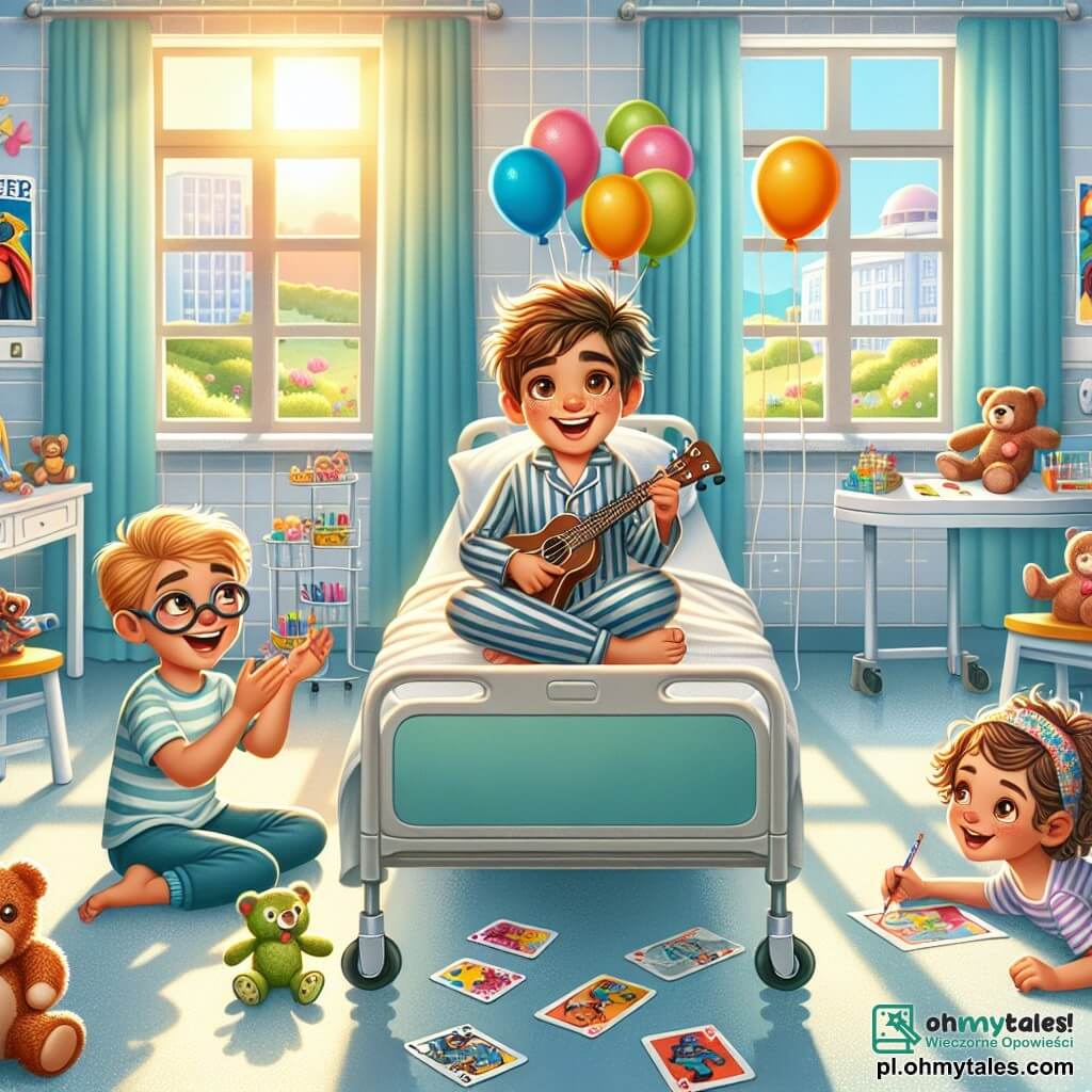 Ilustracja przedstawiająca jasny i przytulny szpitalny pokój, z jasnoniebieskimi ścianami i oknami wpuszczającymi światło słoneczne. Kolorowe zabawki są rozsiane po podłodze, a na ścianach wiszą plakaty superbohaterów, nadając radosną atmosferę. W centrum sceny siedzi dziewięcioletni chłopiec z rozczochranymi brązowymi włosami i błyszczącymi oczami na swoim łóżku szpitalnym. Ma na sobie pasiasty piżam i trzyma ukulele, a na jego twarzy widnieje szeroki uśmiech. Obok niego leży inny chłopiec w tym samym wieku, z blond włosami i okularami, śmiejąc się i pokazując karty do gry. Na koniec, ośmioletnia dziewczynka z kręconymi włosami i kolorową opaską siedzi na podłodze, otoczona pluszakami, rysując kredkami. Główna sytuacja przedstawia tych troje dzieci dzielących radosny moment i wspólnie tworzących improwizowany pokaz talentów w swoim szpitalnym pokoju. Śmiech i entuzjastyczne gesty wypełniają powietrze, symbolizując ich przyjaźń i siłę w obliczu choroby. Kolorowe balony unoszą się blisko sufitu, dodając festynowego akcentu całej scenie.