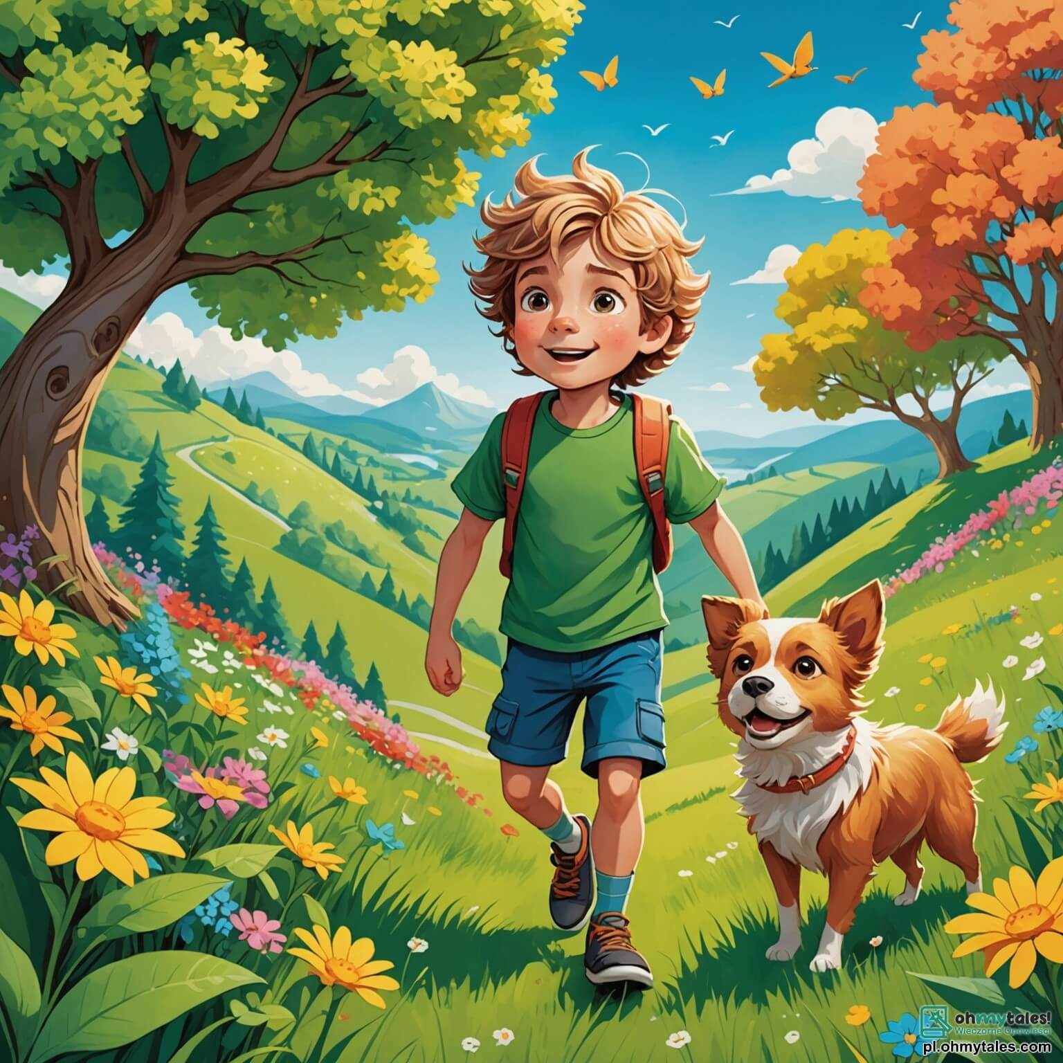 Une illustration destinée aux enfants représentant un garçon aux cheveux ébouriffés, les yeux pétillants de détermination, se tenant au sommet d'une colline verdoyante, entouré de fleurs colorées et d'arbres majestueux, prêt à relever le défi impossible de faire voler son incroyable invention, un drôle de bateau en papier, tandis qu'à ses côtés, un petit chien espiègle, à la fourrure dorée, l'encourage avec enthousiasme, le tout baigné par la lumière dorée d'un soleil radieux.