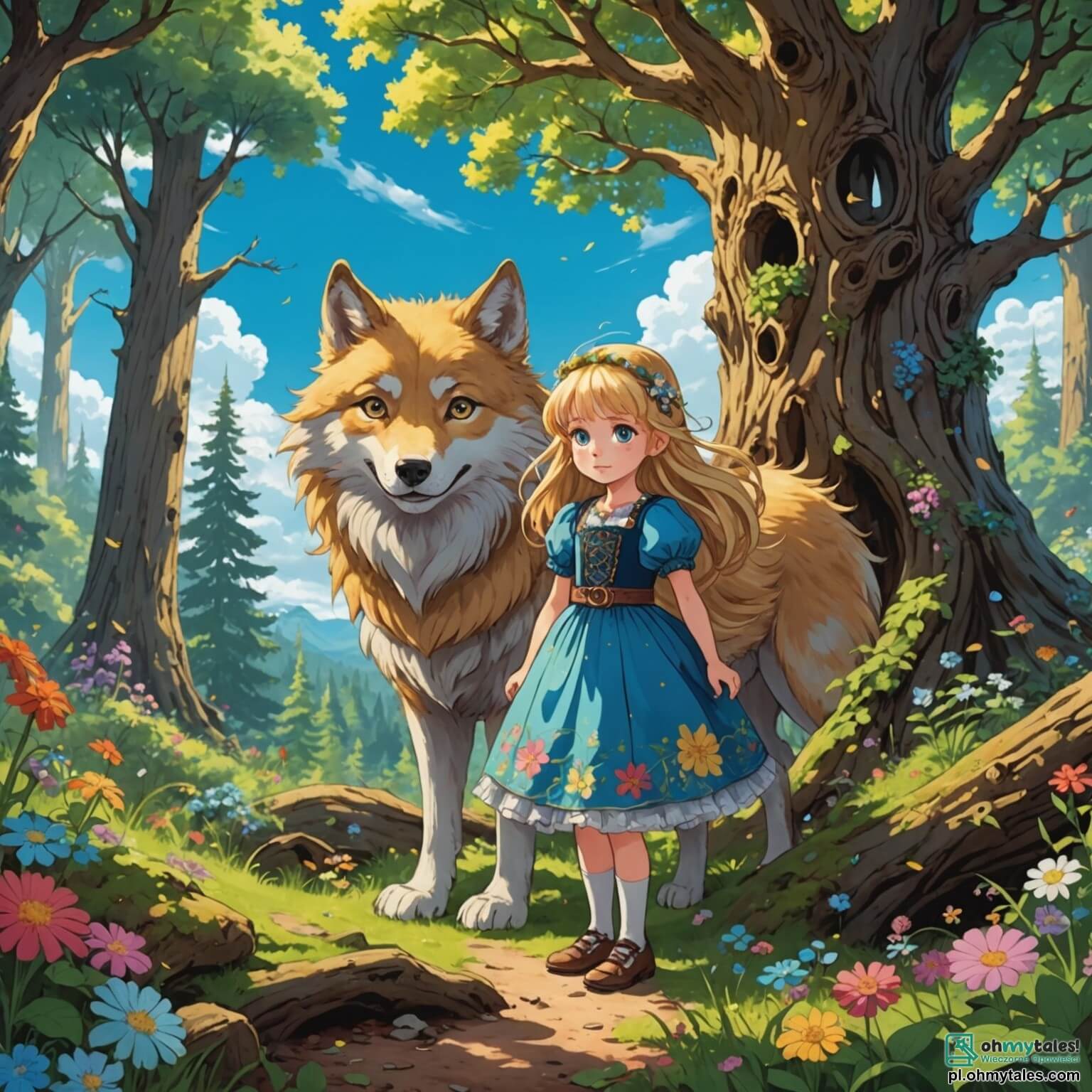 Une illustration destinée aux enfants représentant une petite fille aux cheveux dorés et aux yeux pétillants, vêtue d'une robe colorée ornée de fleurs, se tenant courageusement au cœur d'une forêt enchantée, où les arbres majestueux aux troncs noueux s'élèvent vers un ciel azur parsemé de nuages cotonneux, tandis qu'un grand méchant loup, aux yeux perçants et au pelage grisâtre, rôde dans l'ombre, prêt à semer la peur, tandis qu'un petit oiseau aux plumes éclatantes, personnage secondaire au cœur tendre, observe la scène avec inquiétude depuis une branche, et où la lumière du soleil filtre à travers les feuillages, créant un jeu d'ombres et de lumières sur le sol tapissé de feuilles dorées.