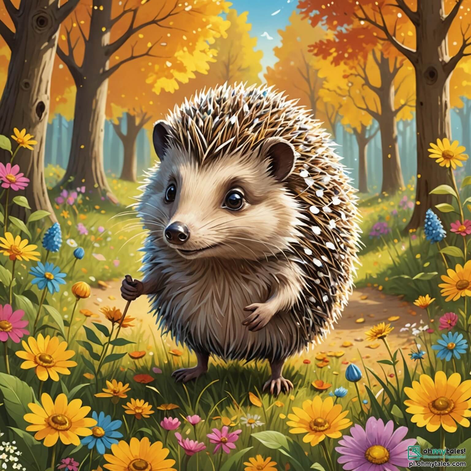 Une illustration destinée aux enfants représentant un hérisson curieux aux piquants scintillants, se tenant sur ses pattes arrière avec un air malicieux, au milieu d'une clairière ensoleillée entourée de fleurs colorées et de grands arbres aux feuilles dorées, où il rêve de préparer un plat surprenant pour le festival des animaux, tandis qu'une petite souris espiègle, avec ses yeux pétillants et son pelage doux, l'observe avec enthousiasme depuis un buisson fleuri.