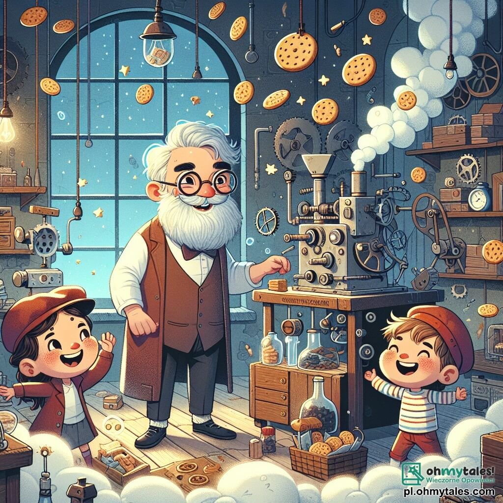 Une illustration sous forme de dessin destinée aux enfants représentant un atelier coloré et encombré d'un inventeur âgé à la barbe grise et aux lunettes rondes, qui se tient au centre, entouré de machines étranges et de nuages de vapeur, tandis que deux enfants, une fille aux cheveux bruns et une casquette rouge, et un garçon aux cheveux blonds et un t-shirt rayé, rient en ramassant des biscuits qui volent autour d'eux, illustrant le moment joyeux où la machine à biscuits du vieil homme a commencé à fonctionner de manière inattendue, créant une atmosphère de magie et d'amusement.