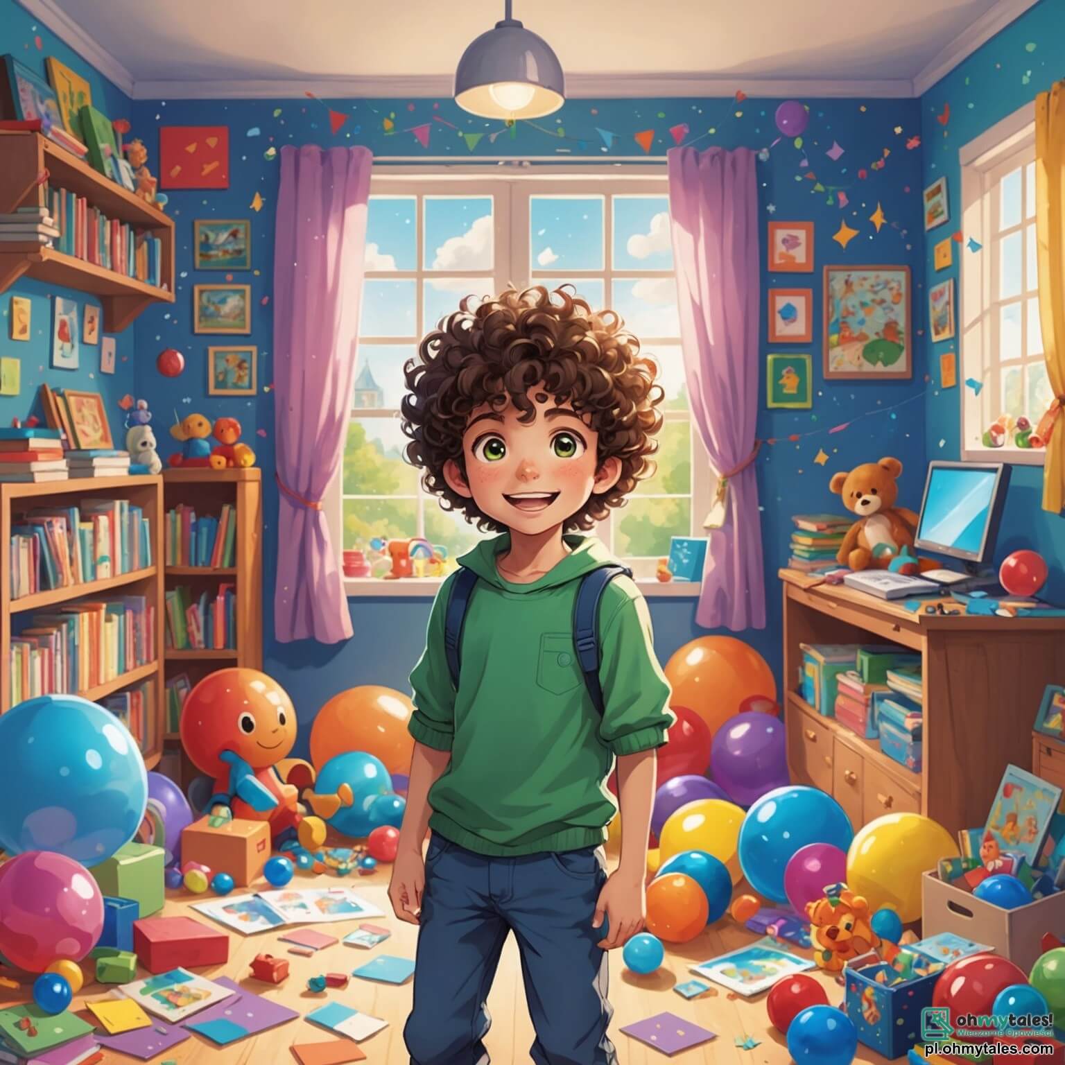 Une illustration destinée aux enfants représentant un garçon aux cheveux bouclés et aux yeux pétillants, débordant d'énergie et d'imagination, se tenant dans sa chambre colorée, remplie de jouets éparpillés et de dessins accrochés aux murs, tandis qu'il planifie avec enthousiasme une surprise pour sa maman, entouré de son meilleur ami, un garçon au sourire contagieux, dans un petit miasme de joie et d'excitation, le tout se déroulant dans le charmant parc de leur village, où les fleurs éclatent de couleurs vives sous le doux soleil printanier, et où les rires des enfants se mêlent au chant des oiseaux, créant une atmosphère magique et chaleureuse pour célébrer la fête des mères.