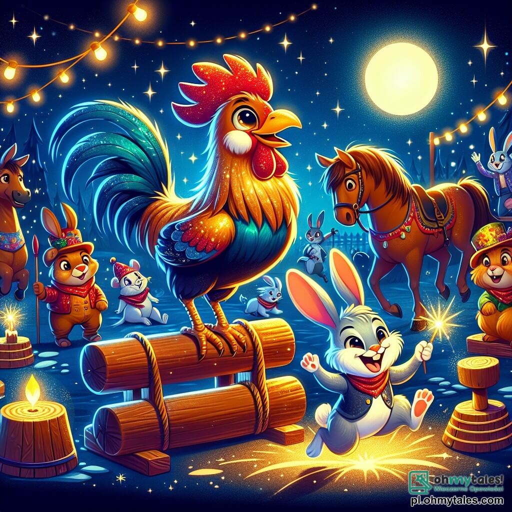 Ilustracja przedstawiająca magiczną nocną scenę w małej, kolorowej wiosce, pod gwiaździstym niebem, gdzie intensywnie świeci księżyc. W centrum stoi kogut o błyszczących złotych piórach i figlarnych oczach, na głazie, gotowy ogłosić początek nocnych zawodów. Otaczają go radosne zwierzęta: duży koń o brązowej sierści, który z niecierpliwością obserwuje, oraz mały królik z dużymi białymi uszami, skaczący z radości. W tle mała szara myszka w kolorowym kapeluszu klaska z uśmiechem. Scena emanuje atmosferą święta i przyjaźni, z migoczącymi girlandami świetlnymi i zabawnymi drewnianymi przeszkodami, gotowymi na wyścigi i skoki. Postacie wyrażają ekscytację i radość, tworząc wesołą i ciepłą atmosferę.