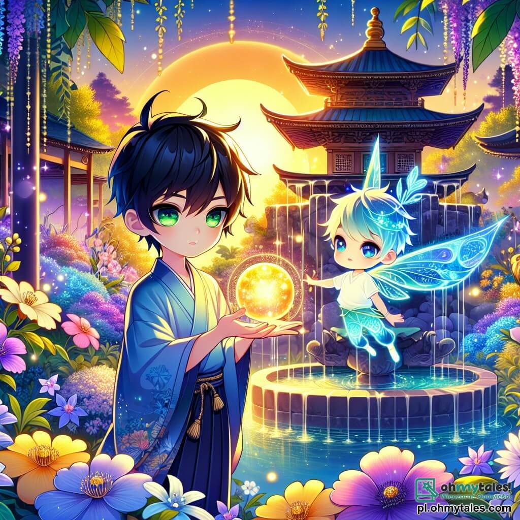 Une illustration sous forme de dessin destinée aux enfants représentant un jardin secret japonais, luxuriant et coloré, avec des fleurs aux teintes éclatantes de violet, d'or et de bleu, où un jeune garçon aux cheveux noirs et aux yeux émeraude se tient courageusement devant une majestueuse fontaine en pierre, tenant une boule de lumière brillante dans sa main, tandis qu'un petit esprit lumineux aux ailes délicates, ressemblant à un papillon, flotte à ses côtés, les encourageant à affronter des esprits malicieux qui menacent leur village, le tout baigné dans une douce lumière dorée du soleil couchant.