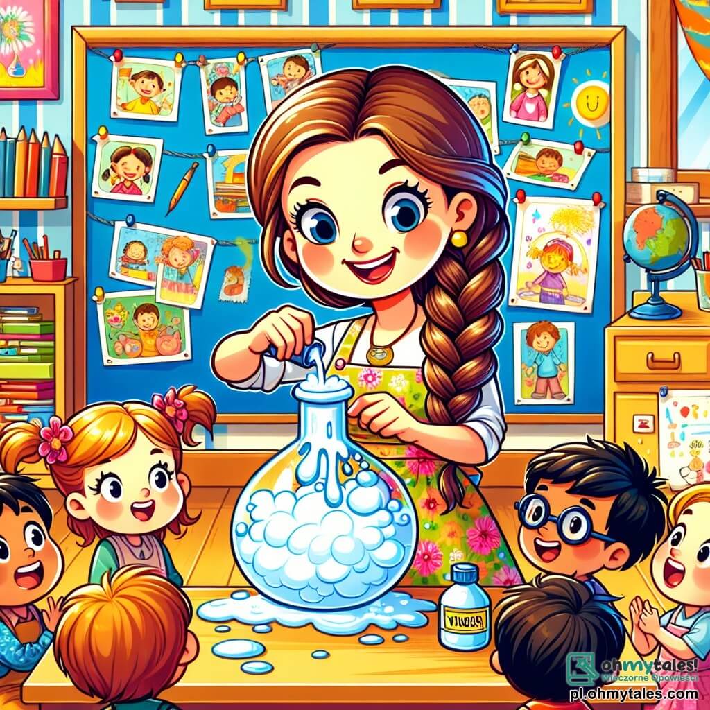 Une illustration sous forme de dessin destinée aux enfants représentant une salle de classe colorée avec des murs décorés de dessins d'enfants, où une institutrice souriante aux longs cheveux bruns tressés, vêtue d'une robe fleurie, montre avec enthousiasme un flacon de vinaigre à ses élèves ; parmi eux, un garçon aux lunettes rondes et une fille aux couettes, tous deux fascinés par l'expérience scientifique en cours, alors qu'une grande bulle de mousse déborde d'une table, symbolisant l'apprentissage joyeux et ludique.