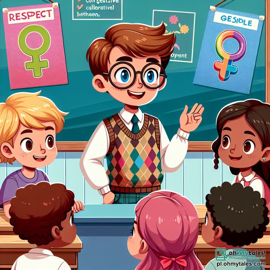 Une illustration sous forme de dessin destinée aux enfants représentant une salle de classe colorée et animée, où un garçon de 11 ans aux cheveux bruns et aux lunettes, souriant et déterminé, présente un projet sur l'égalité des genres devant ses camarades, tandis que deux filles, l'une aux cheveux blonds et l'autre aux cheveux châtains, l'écoutent attentivement, avec des affiches colorées sur les murs promouvant le respect et la collaboration entre les sexes, créant une atmosphère d'enthousiasme et d'inclusion.