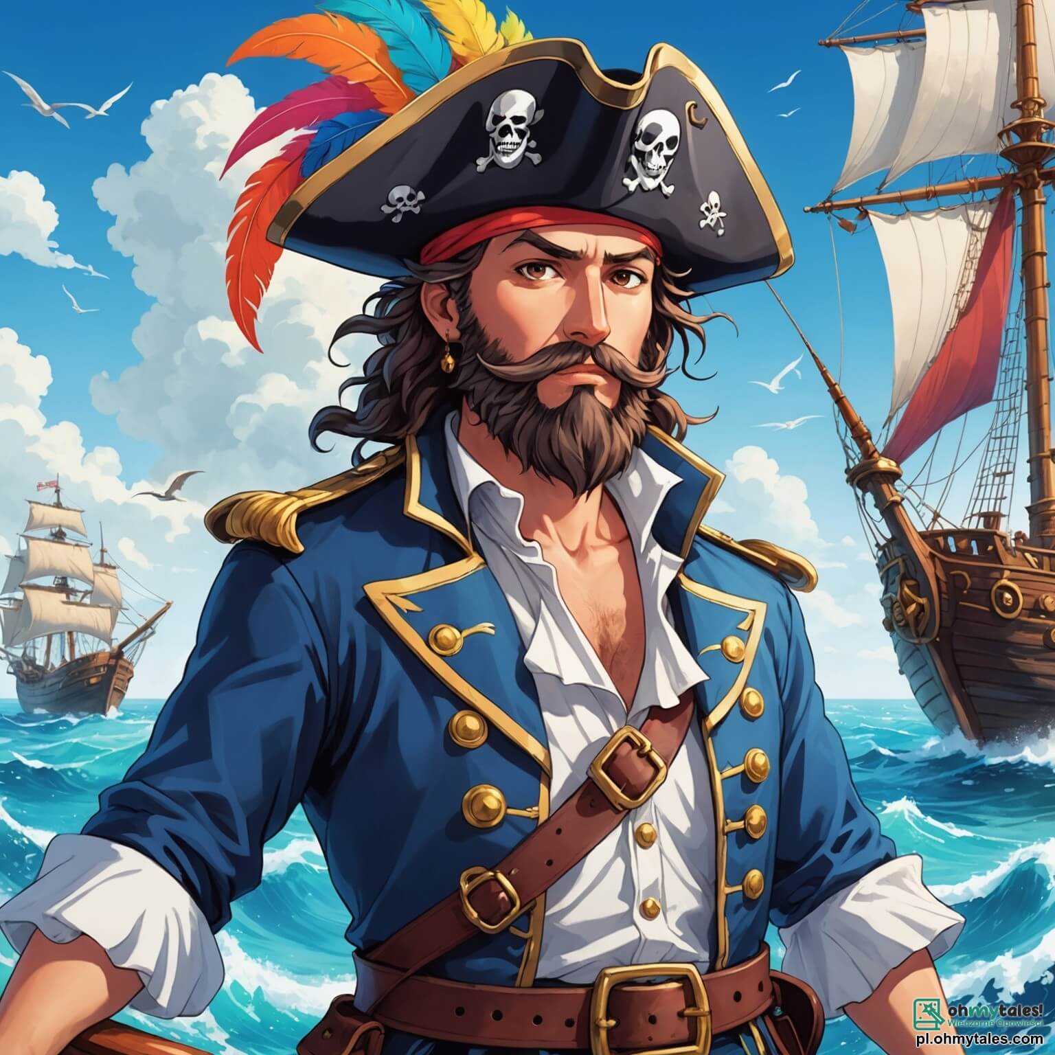 Une illustration destinée aux enfants représentant un intrépide capitaine pirate à la barbe flamboyante, avec un chapeau orné de plumes colorées, naviguant sur les flots azurés d'une mer scintillante sous un ciel ensoleillé, à bord de son majestueux vaisseau aux voiles blanches comme la neige, tandis qu'il est entouré de sa fidèle équipière, une courageuse jeune fille aux cheveux bouclés qui rêve d'aventures, et de son ami, un petit crabe espiègle au regard malicieux, tous trois se dirigeant vers une mystérieuse île aux palmiers dansants et aux plages dorées, où se cache un trésor légendaire, prêt à être découvert.