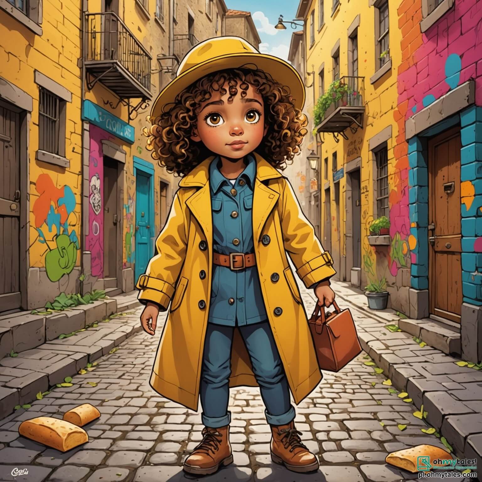 Une illustration destinée aux enfants représentant une petite fille aux cheveux bouclés et aux yeux pétillants de curiosité, vêtue d'un trench-coat jaune vif et d'un chapeau de détective, se tenant dans une ruelle pavée d'un vieux quartier animé, où les murs sont recouverts de graffitis colorés et où les odeurs de pain chaud et d'épices flottent dans l'air, alors qu'elle s'apprête à résoudre le mystère de la disparition d'un précieux chaton aux yeux émeraude, aidée de son fidèle ami, un garçon à lunettes avec un carnet de notes toujours à la main, et de sa petite sœur espiègle qui adore se cacher derrière les poubelles pour écouter les secrets des passants.