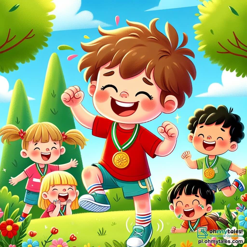 Une illustration sous forme de dessin destinée aux enfants représentant un parc ensoleillé avec des arbres verts et des fleurs colorées, où un garçon de 4 ans aux cheveux bruns en bataille, portant un t-shirt rouge et un short bleu, rit en se relevant après être tombé dans l'herbe, entouré de trois amis : une petite fille aux cheveux blonds avec des couettes et une robe rose qui saute de joie, un garçon aux cheveux châtains et un large sourire qui applaudit, et une autre petite fille aux cheveux noirs chantant gaiement, tous célébrant leur course amusante et leur amitié, avec des médailles faites de feuilles et de fleurs accrochées autour de leur cou.