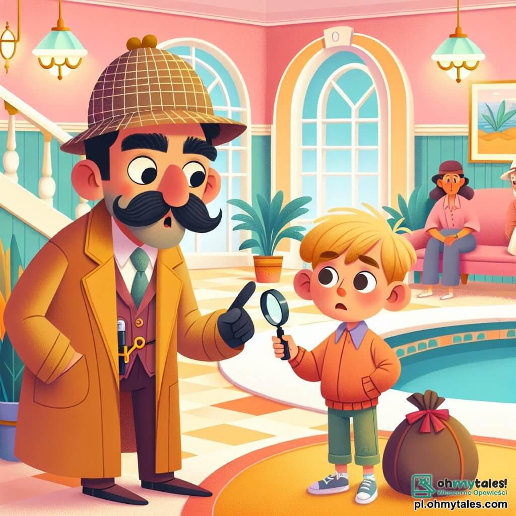 Une illustration sous forme de dessin destinée aux enfants représentant un hall d'hôtel chaleureux avec des murs aux couleurs pastel, où un homme au chapeau de détective, avec des moustaches en forme de pinceau et une loupe à la main, interroge un petit garçon aux cheveux blonds et aux yeux curieux, qui pointe du doigt un gros sac près de la piscine, tandis qu'une femme au visage inquiet, portant un tablier, observe la scène avec des mains sur les hanches, le tout baigné dans une lumière douce et enjouée, capturant l'excitation d'une enquête sur des disparitions mystérieuses.