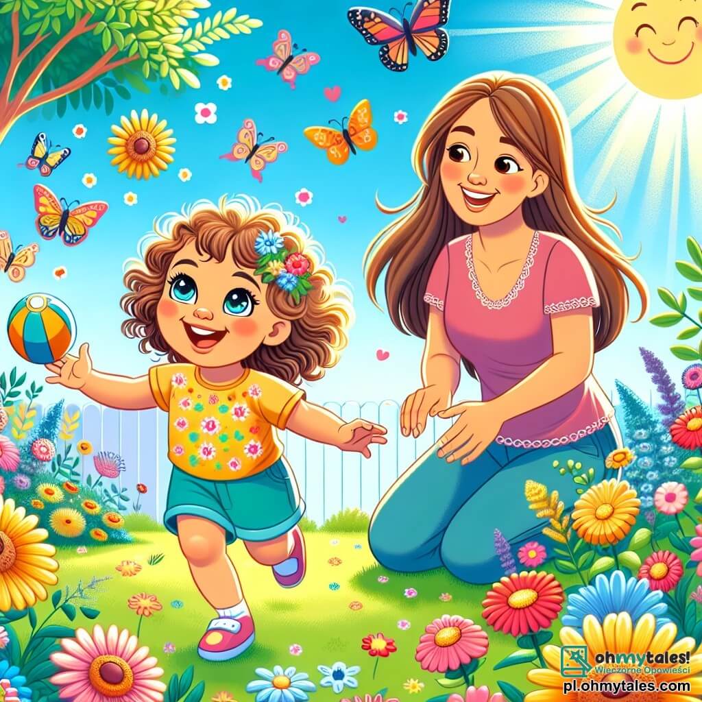 Une illustration sous forme de dessin destinée aux enfants représentant un jardin ensoleillé, rempli de fleurs colorées et de papillons dansant dans l'air, avec une petite fille de 1 an aux cheveux bouclés et aux yeux pétillants, riant joyeusement en courant après une balle, tandis que sa maman, une femme souriante aux cheveux longs et bruns, l'observe avec tendresse, créant une atmosphère de bonheur et de complicité estivale.
