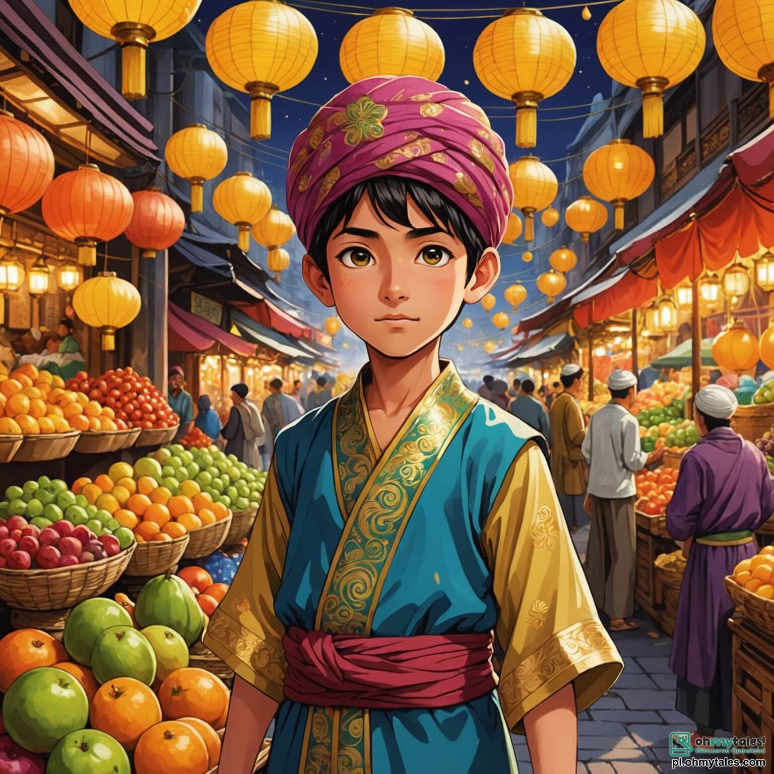 Une illustration destinée aux enfants représentant un jeune garçon aux yeux pétillants de curiosité, vêtu d'une tunique colorée et d'un turban scintillant, se tenant courageusement au milieu d'un bazar animé, où les étals regorgent de fruits juteux, de tissus chatoyants et de lanternes dorées, tandis qu'il se prépare à affronter un marchand rusé, à la moustache enroulée et au regard avide, pour récupérer un précieux jouet en bois volé à un groupe de petites filles aux rires cristallins et aux robes fleuries, tout cela dans une ville vibrante de couleurs et de senteurs exotiques, où les ruelles étroites serpentent entre des maisons aux murs ornés de mosaïques éclatantes, sous un ciel azur parsemé de nuages cotonneux.