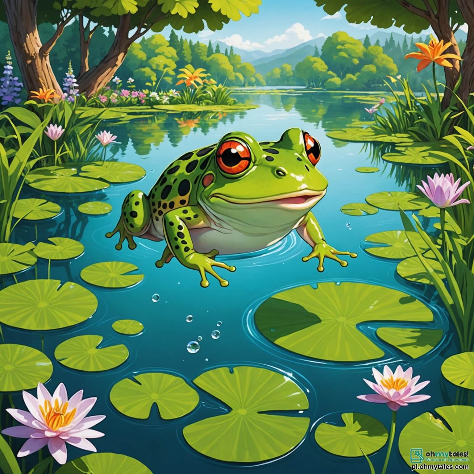 Une illustration destinée aux enfants représentant une grenouille espiègle et joyeuse, aux yeux pétillants et à la peau verte éclatante, sautant de nénuphar en nénuphar dans un magnifique étang bordé de fleurs colorées et de grands arbres aux feuilles luxuriantes, tandis qu'une petite poissonnière, curieuse et vive, observe la scène depuis l'eau cristalline, impatiente de rejoindre cette aventure pleine de rires et de surprises.