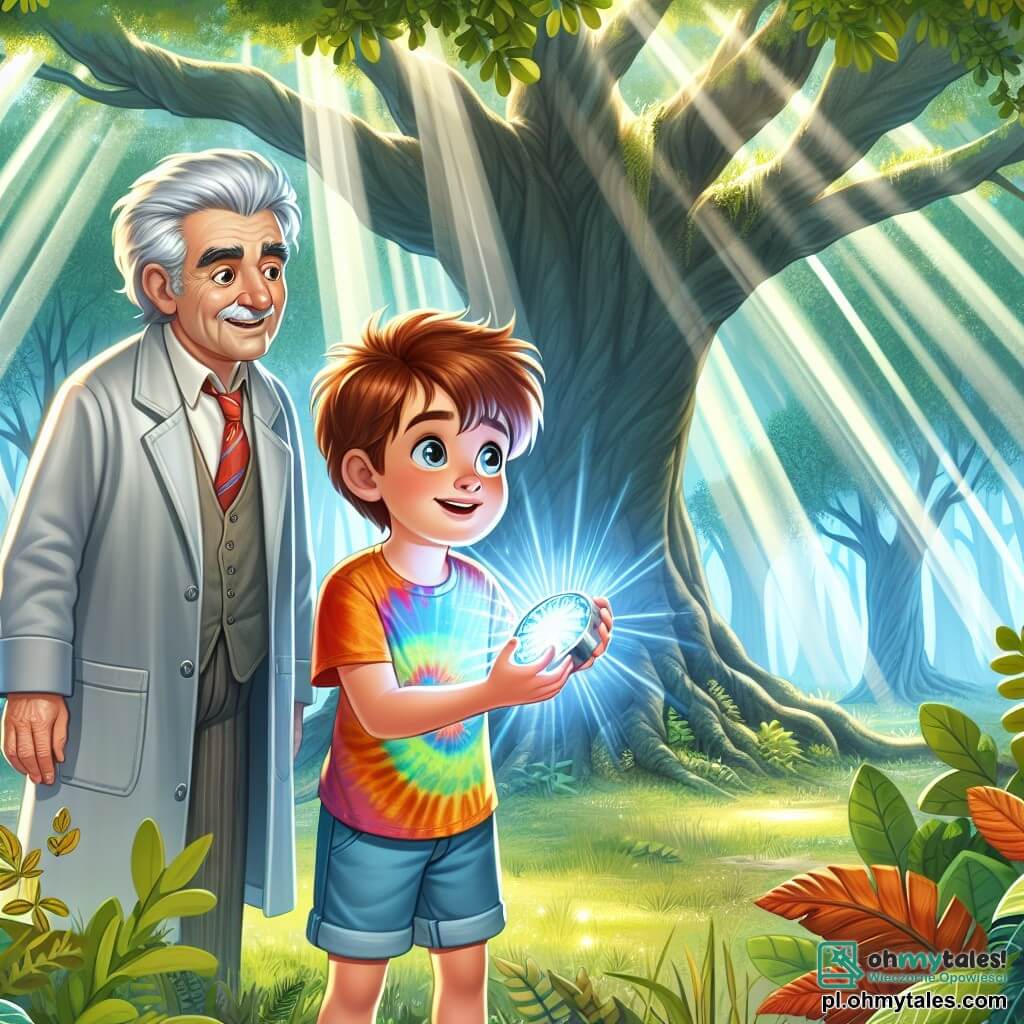 Une illustration sous forme de dessin destinée aux enfants représentant un vaste et ancien bois, avec un grand chêne au centre, où un garçon de 11 ans aux cheveux bruns et aux yeux pétillants, vêtu d'un t-shirt coloré et d'un short, examine avec émerveillement un mystérieux et brillant appareil en métal, tandis qu'un homme en combinaison argentée, aux cheveux grisonnants et au sourire chaleureux, l'observe avec bienveillance, suggérant une aventure dans le temps qui les attend, entourés de rayons de lumière filtrant à travers les feuilles, créant une atmosphère magique et intrigante.