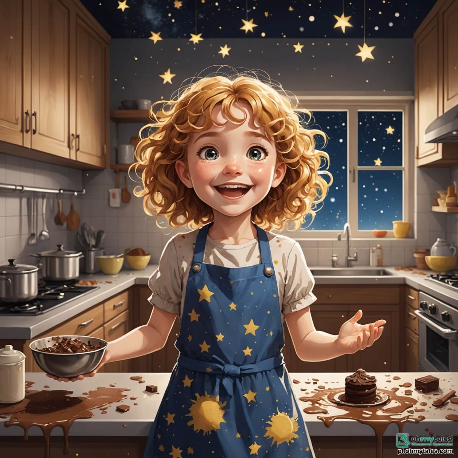 Une illustration destinée aux enfants représentant une petite fille aux cheveux bouclés et dorés, pétillante de joie et d'enthousiasme, se tenant dans une cuisine en désordre où des éclaboussures de chocolat et de farine décorent les murs comme des étoiles dans un ciel nocturne, alors qu'elle s'affaire à préparer une surprise gourmande pour sa maman bien-aimée, une femme douce et souriante, qui vient de rentrer chez elle, le visage illuminé par l'amour et la tendresse, dans une maison chaleureuse aux murs peints de couleurs pastel, remplie de souvenirs et de rires, où les rayons du soleil filtrent à travers les rideaux en dentelle, créant une atmosphère magique et réconfortante.