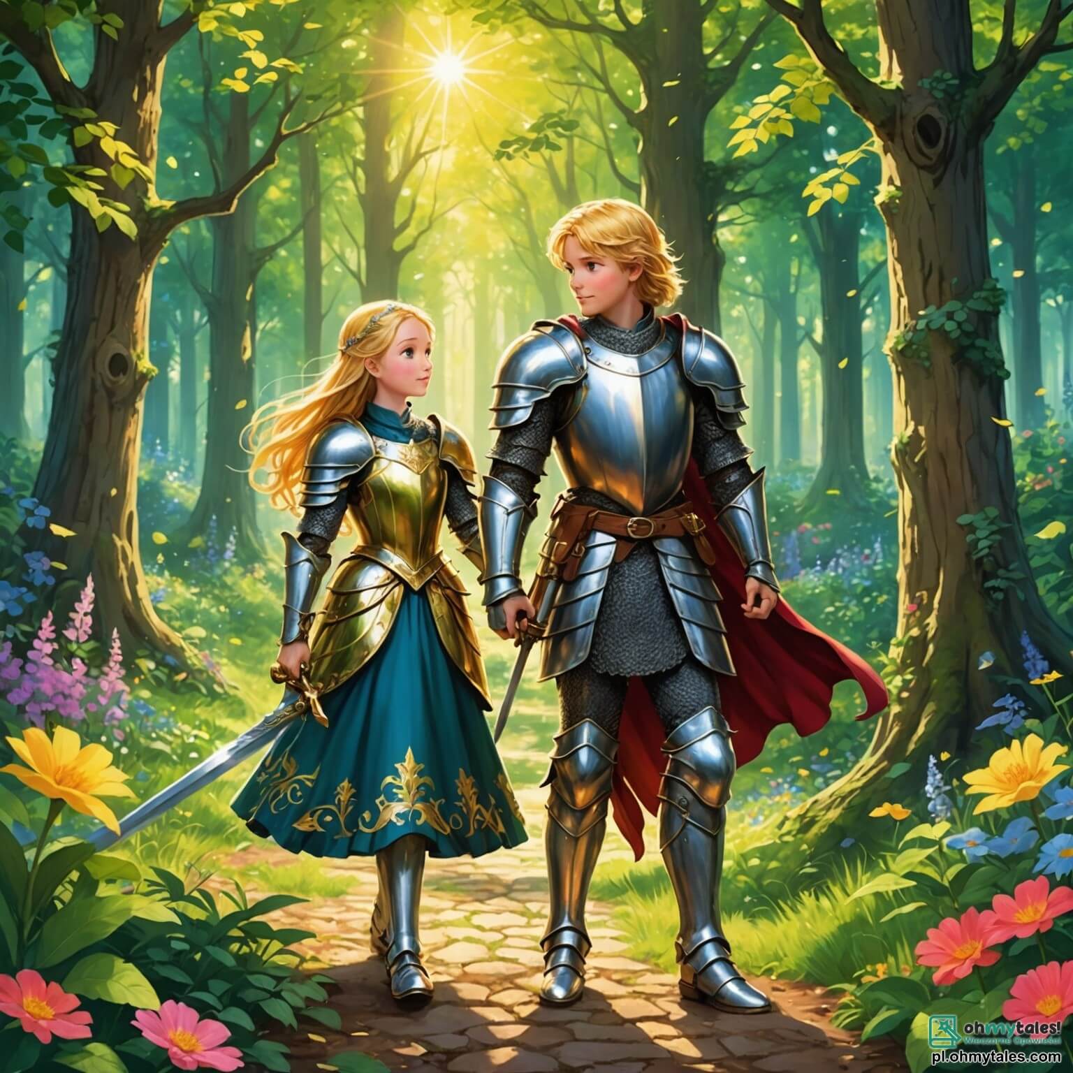 Une illustration destinée aux enfants représentant un courageux chevalier au cœur d'une forêt enchantée, où les rayons du soleil filtrent à travers les feuillages verdoyants, illuminant les fleurs colorées qui dansent au gré du vent, tandis que ce chevalier, un jeune garçon à la chevelure dorée et à l'armure scintillante, se lance dans une quête audacieuse pour sauver une belle princesse, une jeune fille aux longs cheveux soyeux et à la robe étincelante, retenue captive dans une cage magique par un redoutable sorcier, dont l'ombre menaçante plane sur le paysage, où les arbres majestueux, aux troncs noueux et aux branches étendues, semblent murmurer des secrets anciens à chaque pas du héros déterminé.