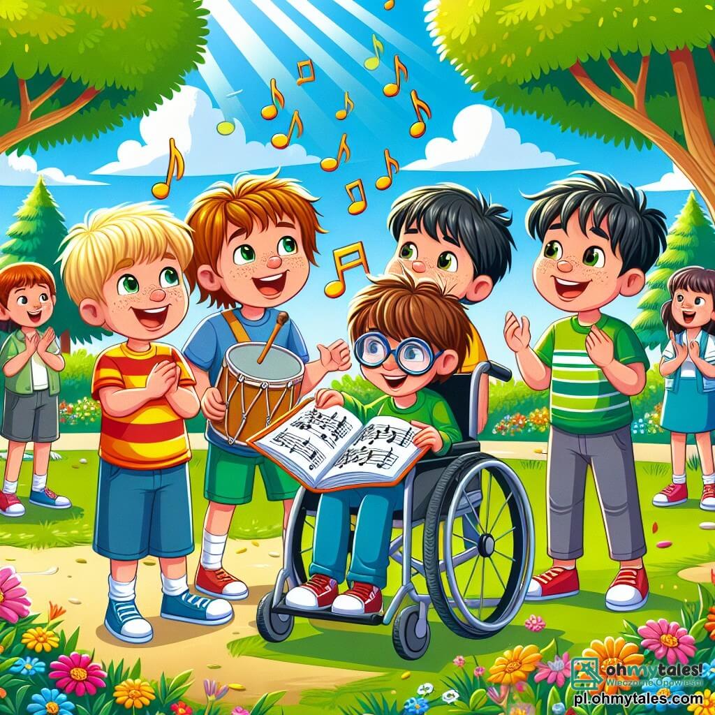 Ilustracja przedstawiająca słoneczny park, wypełniony bujną zielenią, z drzewami o błyszczących liściach i kolorowymi kwiatami tańczącymi na wietrze. W centrum grupa czterech chłopców w wieku około siedmiu lat, wszyscy uśmiechnięci i pełni energii. Jeden z nich, na wózku inwalidzkim, ma brązowe włosy i okulary, trzyma dużą ilustrowaną książkę, gotowy do opowiedzenia historii. Inny chłopiec, z rozczochranymi blond włosami, radośnie śpiewa, podczas gdy trzeci, o brązowych włosach, zachęca go entuzjastycznymi gestami. Ostatni chłopiec, z czarnymi włosami i piegami, gra na małym bębnie. Główna sytuacja pokazuje dzieci przygotowujące występ muzyczny, z nutami unoszącymi się wokół nich, symbolizującymi ich radość i pewność siebie. W tle inne dzieci w różnym wieku przyglądają im się z podziwem, bijąc brawo i uśmiechając się, tworząc atmosferę koleżeństwa i wsparcia. Kolorowe balony unoszą się na niebieskim niebie, dodając świątecznego akcentu tej scenie celebracji przyjaźni i pewności siebie.