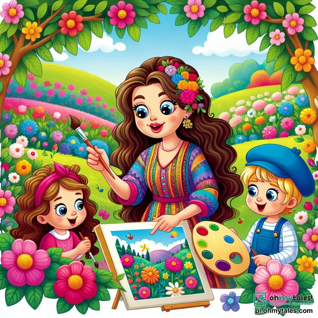 Une illustration sous forme de dessin destinée aux enfants représentant un jardin coloré rempli de fleurs éclatantes, où une femme aux longs cheveux bouclés et à la robe multicolore peint avec passion sur une toile, tandis que deux enfants, une fille aux cheveux bruns pleine d'énergie et un garçon aux yeux bleus portant une casquette bleue, l'observent avec émerveillement, impatients d'apprendre à créer leurs propres œuvres d'art.