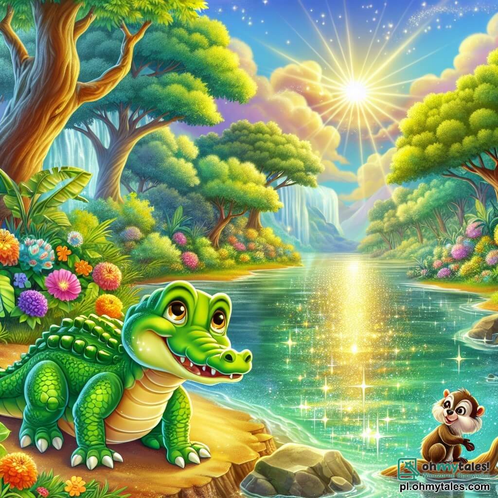 Ilustracja przedstawiająca magiczną scenę nad lśniącą rzeką, otoczoną majestatycznymi drzewami tropikalnymi o bujnych i kolorowych liściach. Słońce świeci wysoko na niebie, rzucając złote refleksy na czystą wodę, podczas gdy jaskrawe kwiaty dodają intensywnych kolorów krajobrazowi. Na pierwszym planie młody krokodyl o żywej zielonej skórze, z błyszczącymi łuskami i dużymi ciekawymi oczami, stoi na brzegu. Wyraża ekscytację i determinację, gotowy do przygody. Jego łapy są nieco rozstawione, a on uważnie spogląda w stronę horyzontu, jakby czekał na znak do działania. Obok niego wesoła małpka o brązowym futrze i błyszczących oczach radośnie wspina się na niską gałąź, gotowa do skoku. Ma figlarny uśmiech na twarzy, dodając dynamizmu scenie. W tle mądra stara żółwica, z chropowatą skorupą i zmarszczkami opowiadającymi historie, obserwuje scenę z życzliwym spojrzeniem. Siedzi na głazie, jak strażnik mądrości, gotowy dzielić się swoją wiedzą z młodymi poszukiwaczami przygód. Główna sytuacja pokazuje krokodyla i małpkę przygotowujących się do przejścia przez stary kamienny most porośnięty mchem, symbol nadchodzących wyzwań. Dodatkowe elementy graficzne obejmują kolorowe ptaki latające po niebie, motyle krążące wokół kwiatów i promienie słońca filtrujące przez liście, tworząc zaczarowaną atmosferę pełną obietnic przygód.