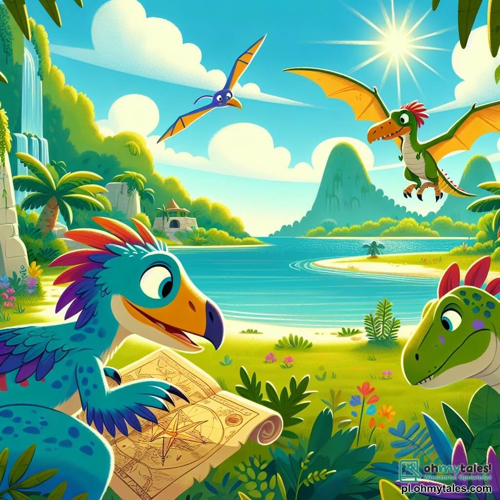 Une illustration sous forme de dessin destinée aux enfants représentant une scène vibrante et ensoleillée près d'un lac cristallin entouré de verdure luxuriante, où un vélociraptor aux plumes colorées et aux yeux pétillants explore avec curiosité une ancienne carte au trésor, tandis qu'un stegozaur aux grandes plaques dorsales et un pterozaur aux ailes déployées l'observent avec enthousiasme, tous trois prêts à partir à l'aventure à la recherche d'un mystérieux trésor caché sur une île voisine.
