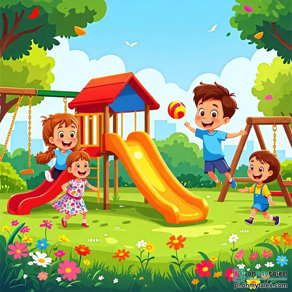 Ilustracja przedstawiająca radosny, słoneczny plac zabaw, wypełniony żywymi kolorami. W centrum znajduje się duża czerwona i żółta zjeżdżalnia przyciągająca dzieci, otoczona huśtawkami i drewnianymi konstrukcjami do zabawy. Trawa jest zielona i świeża, usiana kolorowymi kwiatami tańczącymi na wietrze. Chłopiec w wieku około 7 lat, z brązowymi włosami i błyszczącymi oczami, z entuzjazmem rzuca piłkę, a jego promienny uśmiech rozświetla twarz. Obok niego dziewczynka w wieku około 6 lat, z długimi warkoczami blond włosów, radośnie się śmieje, próbując złapać piłkę. Ma na sobie kolorową sukienkę w kwiaty, która wiruje wokół niej. Inne dziecko, mała dziewczynka w wieku około 5 lat, pochodzenia azjatyckiego, siedzi na wózku inwalidzkim, bijąc brawo i zachęcając swoich przyjaciół z szerokim uśmiechem, jej oczy błyszczą radością. Scena uchwyca moment dzielenia się i koleżeństwa, gdzie dzieci bawią się razem, ilustrując tolerancję i przyjaźń ponad różnicami. W tle liściaste drzewa i jasnoniebieskie niebo dodają odrobinę spokoju do tej festiwalowej atmosfery, podczas gdy ptaki śpiewają, wzmacniając ideę harmonii i radości.