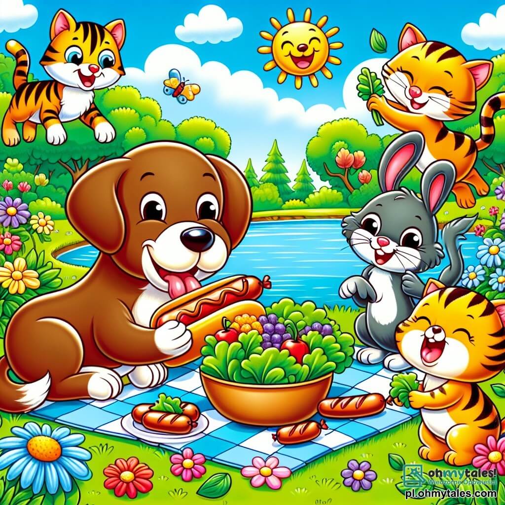 Une illustration sous forme de dessin destinée aux enfants représentant un charmant pique-nique au bord d'un étang ensoleillé, où un chien aux poils bruns et aux grandes oreilles joyeusement en train de partager des saucisses avec ses amis, un chat tigré aux yeux pétillants qui se régale de salade, et un petit lapin aux grandes oreilles qui saute de joie tout en tenant une feuille de laitue, le tout entouré de fleurs colorées et d'arbres verdoyants, créant une atmosphère de bonheur et d'amitié.