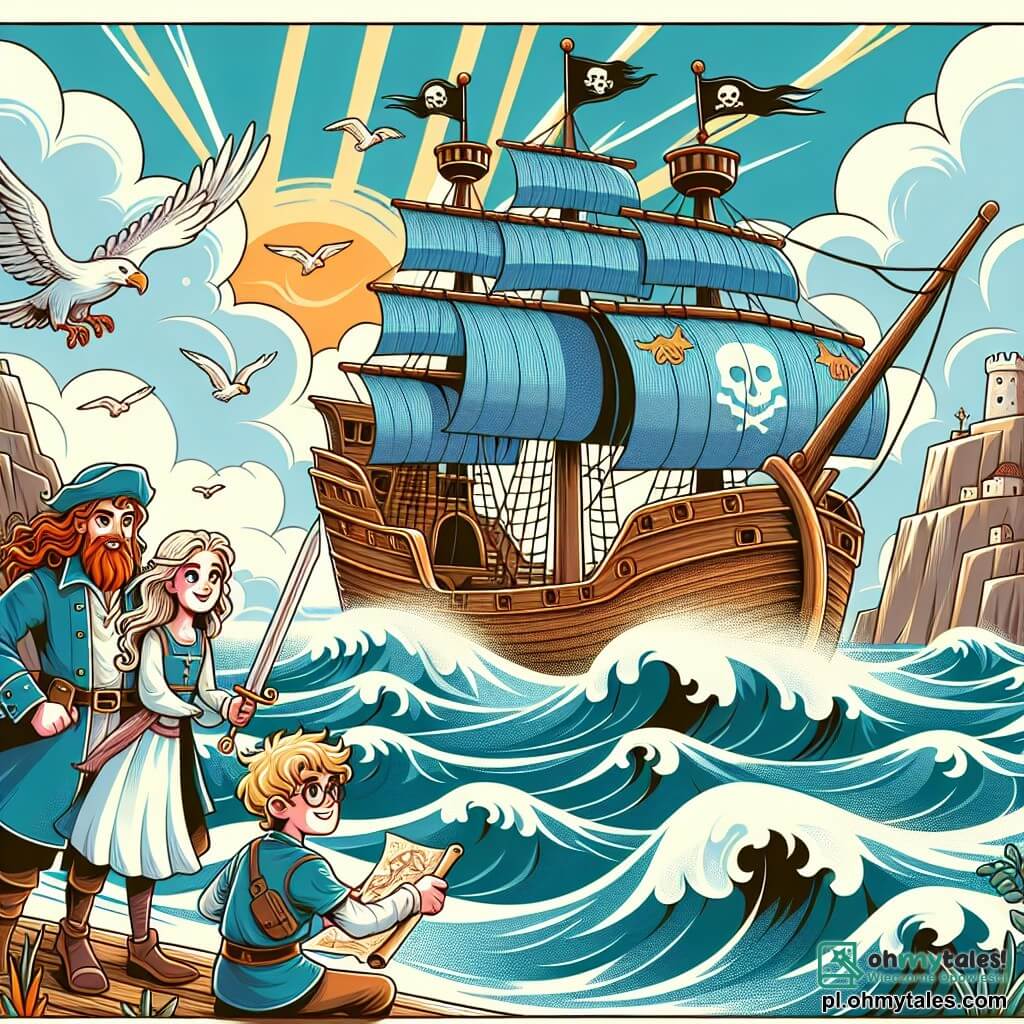 Une illustration sous forme de dessin destinée aux enfants représentant un majestueux navire pirate voguant sur des vagues tumultueuses, avec un homme au long manteau bleu, aux cheveux bouclés et à la barbe rousse, brandissant un sabre avec un large sourire, tandis qu'une jeune fille aux cheveux blonds et aux yeux pétillants, vêtue d'une chemise blanche et d'un pantalon, observe la mer avec émerveillement, et un garçon aux lunettes rondes et à la casquette, tenant une carte au trésor, tous trois se préparant à affronter une tempête pour découvrir un légendaire trésor caché sur l'île mystérieuse.