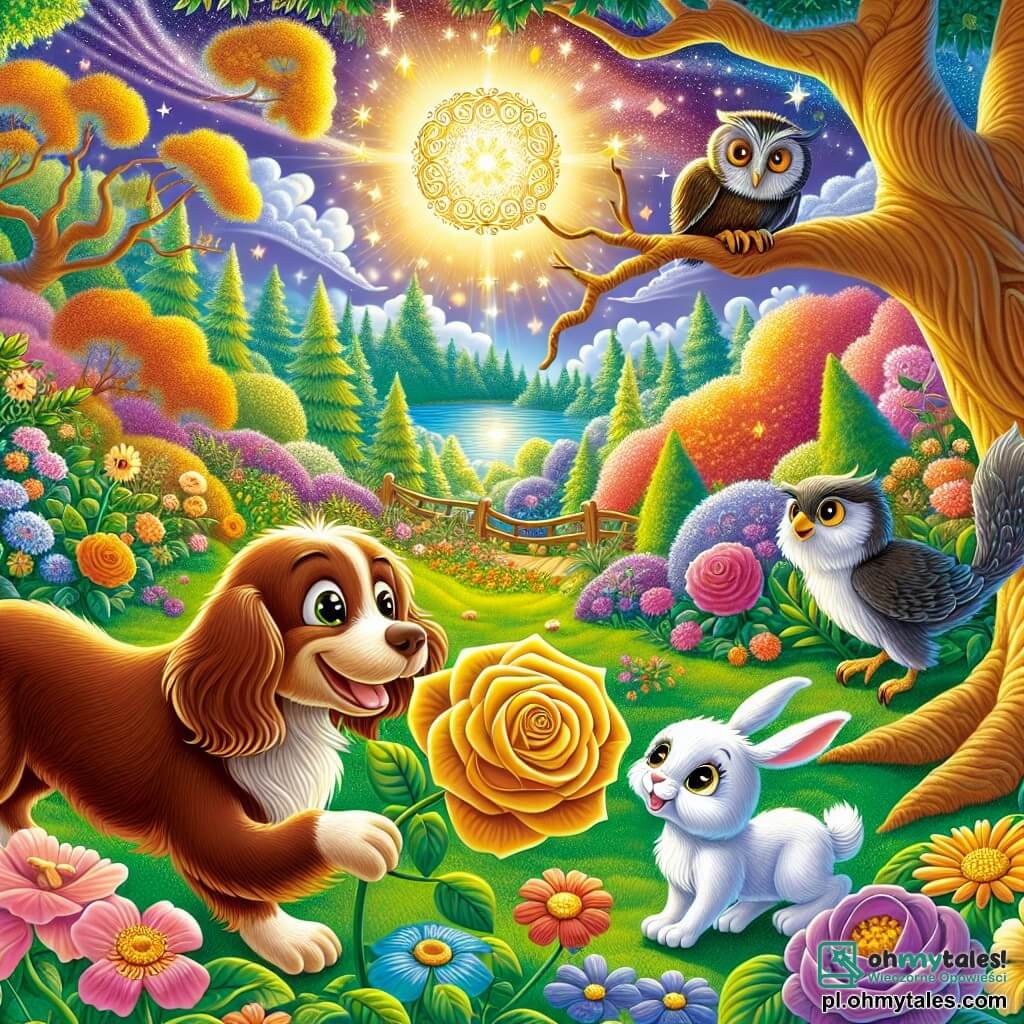 Une illustration sous forme de dessin destinée aux enfants représentant un magnifique jardin secret rempli de fleurs colorées et d'arbres majestueux, où un chien à la fourrure brune et aux longues oreilles, joyeusement en train de renifler une grande rose dorée, est accompagné d'un petit lapin aux grandes oreilles blanches, inquiet mais curieux, tandis qu'une sage chouette aux plumes grises les observe depuis une branche, le tout dans une ambiance ensoleillée et magique, symbolisant l'aventure et l'amitié dans la recherche de la beauté de la nature.