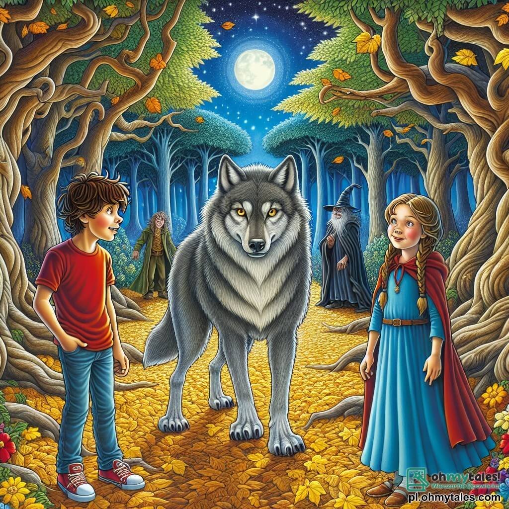 Ilustracja przedstawiająca scenę w zaczarowanym lesie, gdzie wysokie drzewa o sękatych pniach wznoszą się ku niebu, usianemu puszystymi białymi chmurami. Na ziemi dywan z złotych liści i kolorowych kwiatów tworzy magiczną atmosferę. Na środku obrazu stoi duży wilk o szarej sierści i przenikliwych oczach, w przyjaznej, ale zdecydowanej postawie, pokazując, że jest gotów bronić swoich nowych przyjaciół. Obok niego chłopiec w wieku około 10 lat, z rozczochranymi brązowymi włosami i czerwoną koszulką, z podziwem patrzy na wilka, trzymając w rękach błyszczącą złotą klamrę. Po jego prawej stronie dziewczynka w wieku 9 lat, z długimi warkoczami blond włosów i niebieską sukienką, uśmiecha się odważnie, gotowa stawić czoła niebezpieczeństwu. Scena uchwyca moment, w którym dzieci, zjednoczone przyjaźnią z wilkiem, mocno stają naprzeciw złego czarodzieja, który je zagraża. W tle tajemnicze cienie przywołują obecność czarodzieja, podczas gdy miękkie światło oświetla twarze dzieci i wilka, symbolizując nadzieję i odwagę. Graficzne elementy, takie jak migoczące gwiazdy i błyski światła, dodają tej ilustracji odrobiny magii.