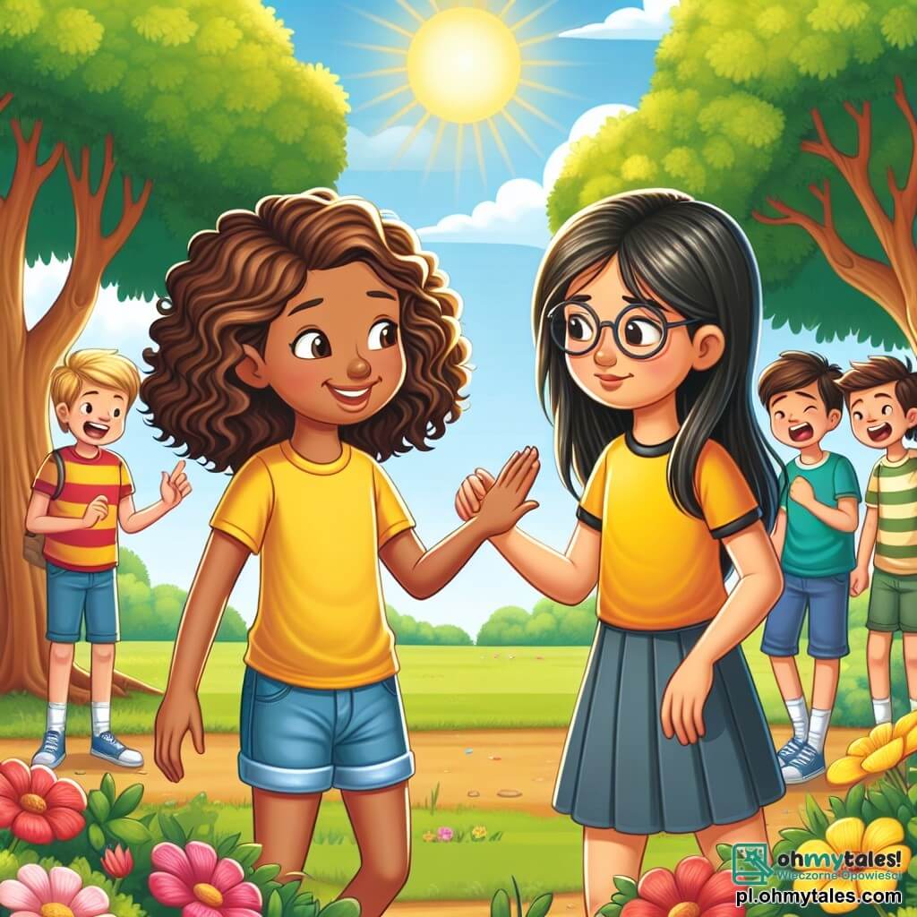 Une illustration sous forme de dessin destinée aux enfants représentant un parc ensoleillé avec des arbres verdoyants et des fleurs colorées, où une fille de 11 ans aux cheveux bruns et bouclés, portant un t-shirt jaune et un short en denim, tend la main avec un sourire chaleureux vers une autre fille aux lunettes et aux cheveux lisses, qui semble timide et hésitante, tandis qu'un groupe de garçons aux expressions moqueuses se tient en arrière-plan, observant la scène, illustrant un moment de solidarité face au harcèlement scolaire.