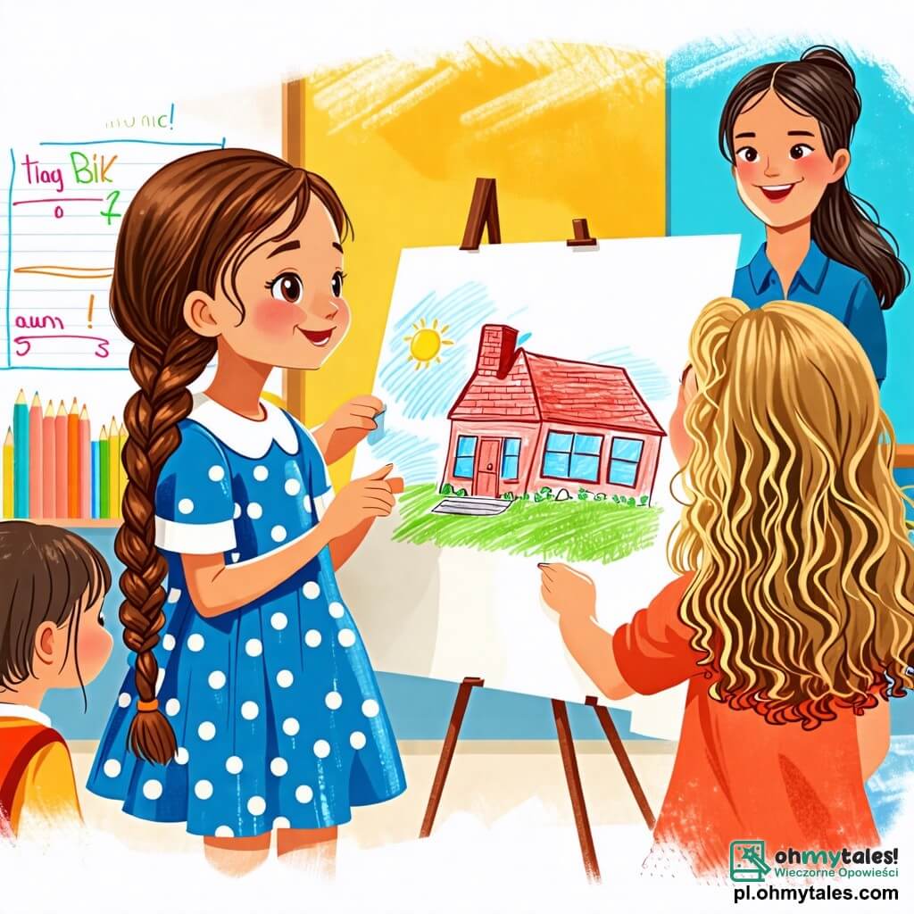 Une illustration sous forme de dessin destinée aux enfants représentant une salle de classe lumineuse avec des murs colorés, où une fille de 8 ans aux longs cheveux bruns tressés, portant une robe bleue à pois blancs, est debout devant ses camarades, tenant fièrement un dessin de sa école, tandis que sa meilleure amie, une fille aux cheveux blonds et bouclés, l'encourage avec un grand sourire, et la maîtresse, une femme souriante aux cheveux foncés, applaudit leur créativité, créant une atmosphère joyeuse et inspirante.