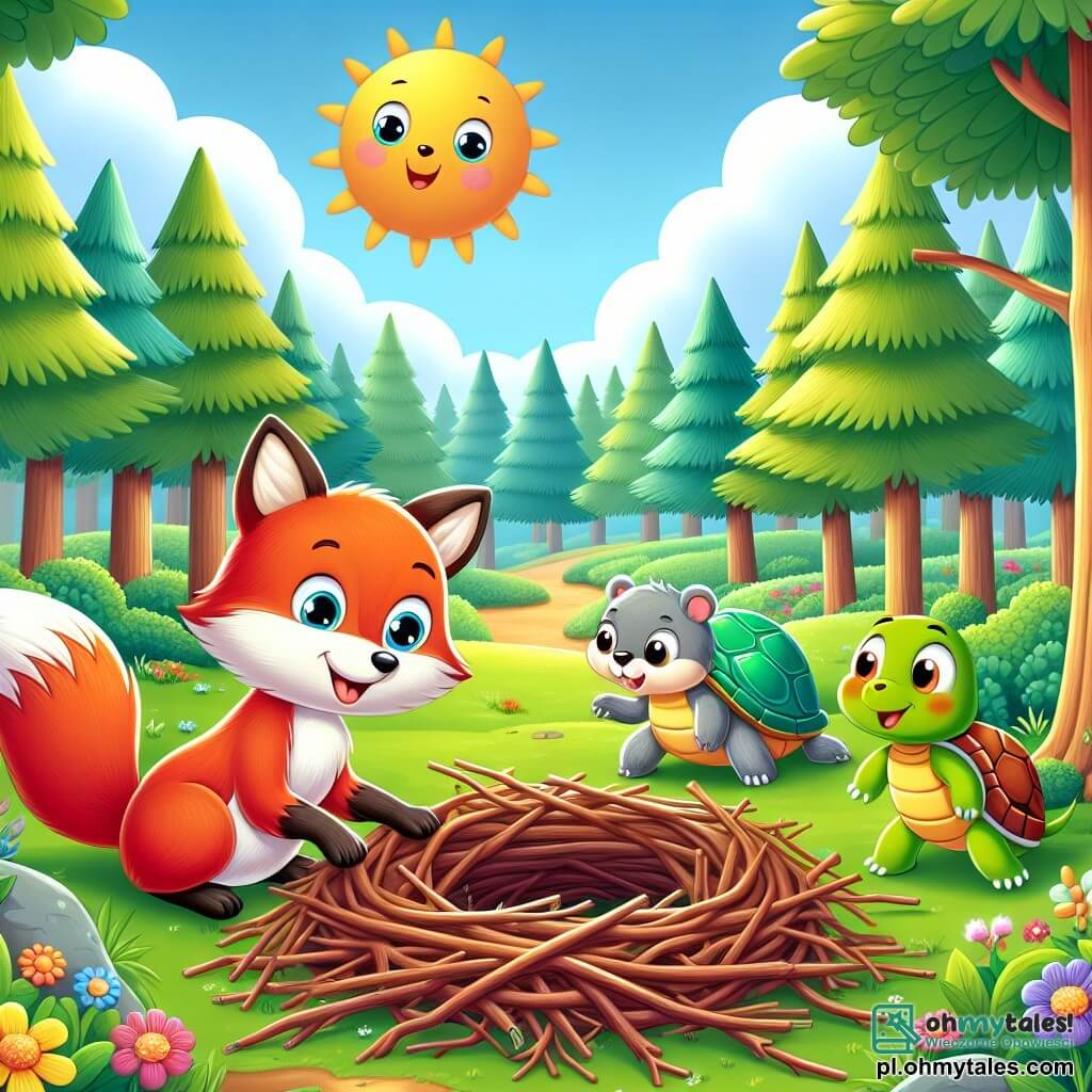 Une illustration sous forme de dessin destinée aux enfants représentant une clairière ensoleillée au cœur d'une forêt verdoyante, où un renard aux poils roux éclatants et aux yeux malicieux est en train de construire un grand gniazdo en rassemblant des branches colorées, tandis qu'une joyeuse écureuil aux yeux pétillants et une tortue au dos brillant l'observent avec enthousiasme, tous trois préparant une fête pleine de rires et de délices, entourés de fleurs sauvages et d'arbres majestueux.
