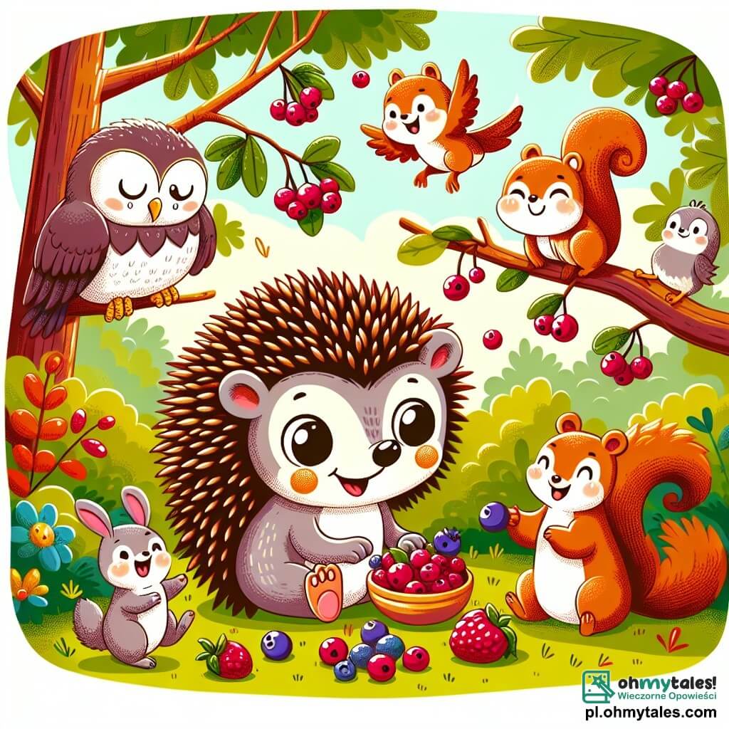 Une illustration sous forme de dessin destinée aux enfants représentant une scène joyeuse dans une forêt colorée, où un petit hérisson aux yeux ronds et aux piquants doux s'active à ramasser des baies juteuses, entouré de ses amis : une chouette sage aux plumes brunes perchée sur une branche, une écureuil espiègle aux poils roux sautant de branche en branche, et un ours paresseux au pelage brun assis sur l'herbe, tous riant et s'amusant ensemble, créant une ambiance de camaraderie et de joie autour de leur récolte de baies.