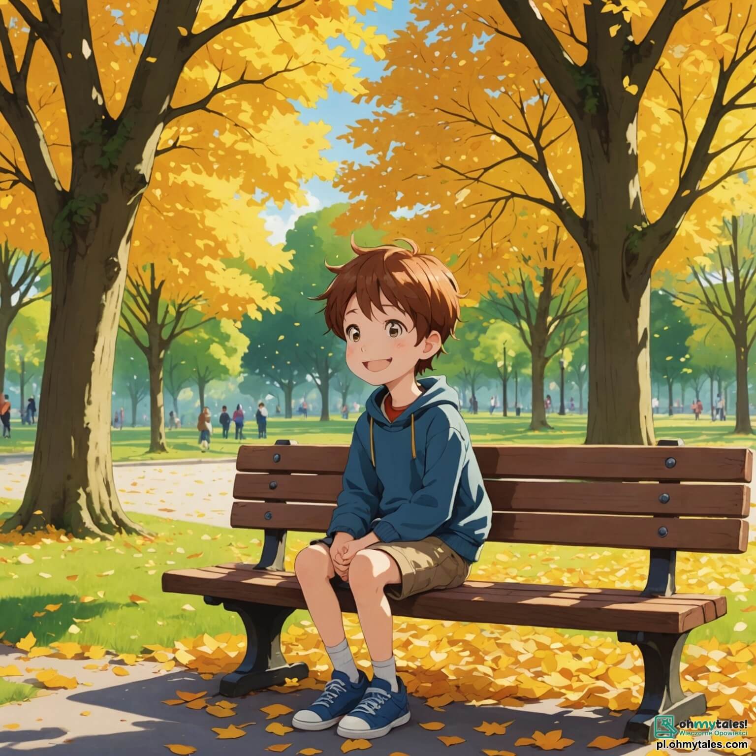 Une illustration destinée aux enfants représentant un garçon aux cheveux châtains et aux yeux pétillants, assis sur un banc dans un parc verdoyant, entouré d'arbres aux feuilles dorées qui dansent doucement au gré du vent, tandis qu'il observe avec mélancolie les rires des enfants jouant au loin, se remémorant les jours heureux passés avec ses deux parents, une mère douce et attentionnée, aux bras réconfortants comme une couverture chaude, et un père jovial, toujours prêt à jouer au ballon, mais qui, malgré leur amour, ont décidé de se séparer, laissant le garçon naviguer entre deux maisons, chacune avec ses propres souvenirs et ses propres règles, dans ce coin de nature où le soleil brille à travers les branches, créant des ombres dansantes sur le sol, symbolisant les émotions complexes qu'il ressent face à cette nouvelle réalité.