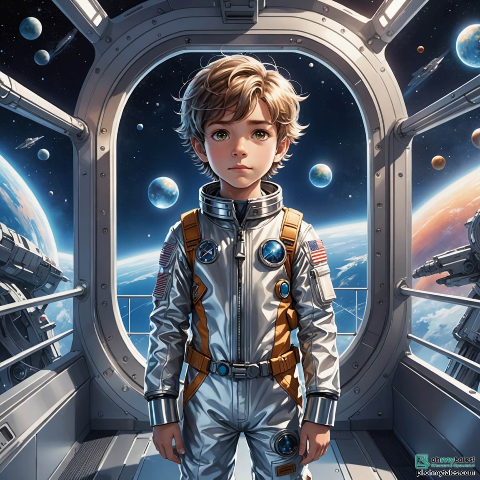 Une illustration destinée aux enfants représentant un jeune garçon aux cheveux ébouriffés et aux yeux pétillants de curiosité, vêtu d'une combinaison spatiale brillante, se tenant fermement sur le pont d'un vaisseau spatial futuriste aux parois argentées et aux lumières scintillantes, tandis qu'il scrute avec émerveillement l'immensité étoilée à travers un hublot en forme de bulle, entouré de ses compagnons de voyage, un capitaine intrépide à l'allure héroïque, portant un uniforme bleu et une casquette ornée d'insignes dorés, et une petite créature extraterrestre aux couleurs vives, avec de grands yeux ronds et des antennes frétillantes, tous trois en quête d'un mystérieux cristal d'énergie sur une planète lointaine, aux paysages enchanteurs de forêts luminescentes et de montagnes flottantes, où les fleurs chantent doucement et les rivières scintillent comme des diamants sous un ciel violet parsemé de deux soleils.