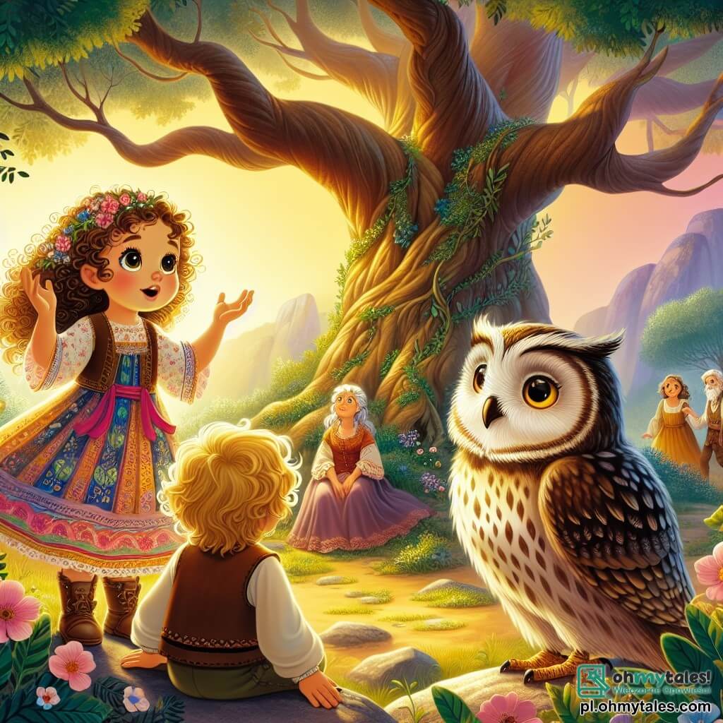 Une illustration sous forme de dessin destinée aux enfants représentant une clairière enchanteresse, baignée de lumière dorée, où une fille de 11 ans aux cheveux bouclés et aux yeux pétillants, vêtue d'une robe colorée, se tient émerveillée devant un grand et ancien chêne aux branches majestueuses, tandis qu'à ses côtés, un sage hibou aux plumes argentées l'observe avec bienveillance, et un petit garçon aux cheveux blonds, assis sur une pierre, l'écoute attentivement, alors qu'ils discutent des mystères de la liberté et de la justice, entourés de fleurs dansantes et d'un ciel pastel.